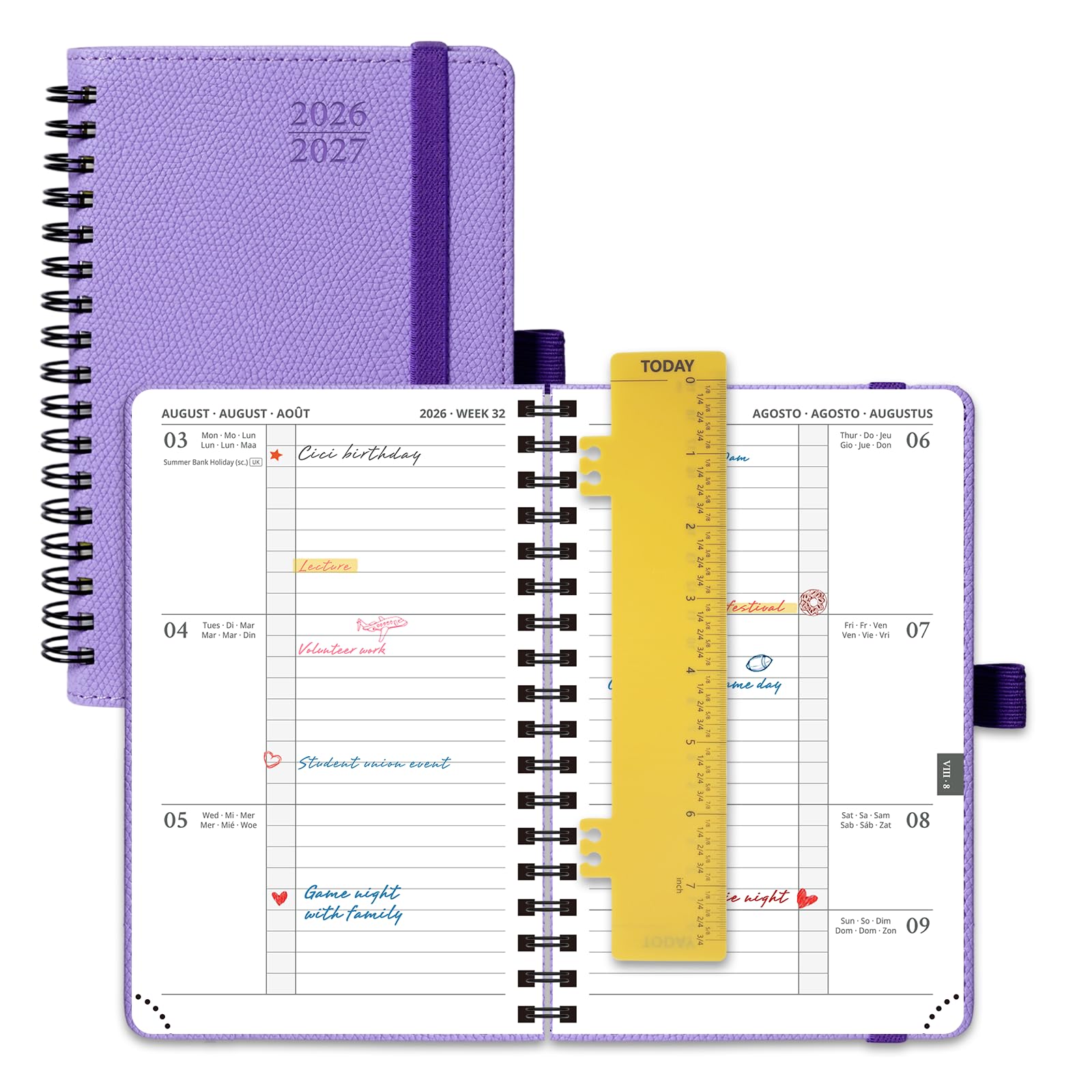 POPRUN 2026-2027 A6 Academic Diary Week to View (16x10.5 cm) Soft Cover Spiral Horizontal Weekly Planner 17 Months (Aug'26 - Dec'27) Mid Year 26/27(Lavender) โ image 1