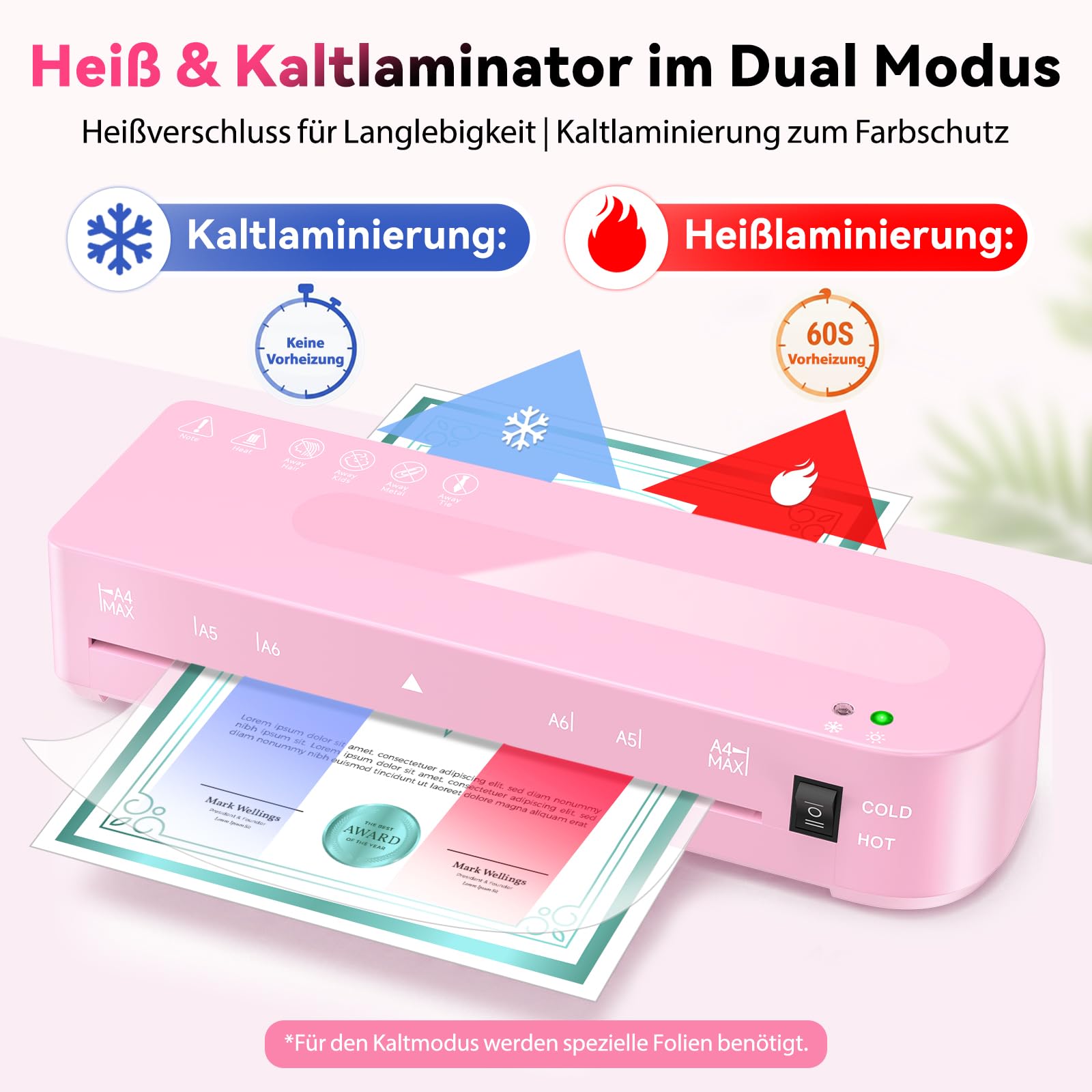 Laminiergerät A4 Laminiermaschine - 5 in 1 Laminiergerat mit 30 Laminierfolien für A4/A5/A6, 60S Schnellvorheizung, Heiß und Kalt Laminator mit Papierschneider, Eckrunde für Büro, Zuhause, Schule