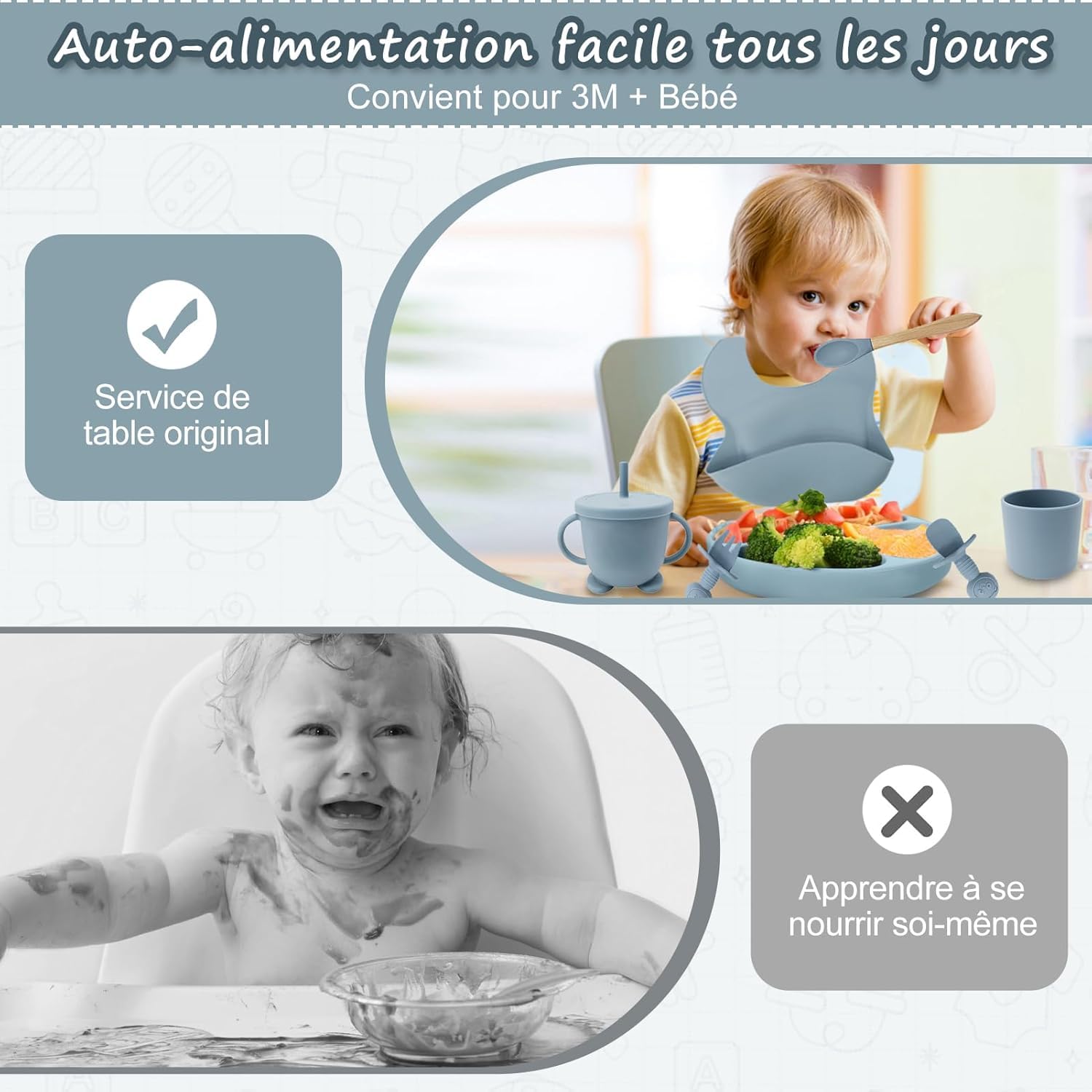 Baby Cutlery, Set of 12 Pieces Baby Plates with Suction Cup, Baby Led Weaning, Children's Cutlery, Baby Tableware Sets, Baby Spoon, Silicone Baby Bib, Non-Slip Silicone Plate BPA-Free — view 6