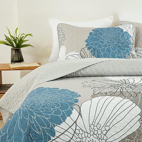 Miniatura 3 de Juego de colcha de 3 piezas con patrón floral amarillo tamaño California King, colcha ligera para todas las estaciones con 2 fundas de almohada,