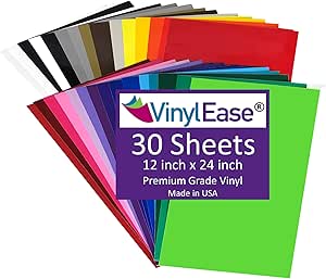 Vinyl Ease 12" x 24" 30 Sheets Assorted Glossy Colors Permanent Adhesive Vinyl for Cricut, Silhouette, Pazzles, Craft ROBO, QuicKutz, Craft Cutters, Die Cutters, Sign Plotters - V0126