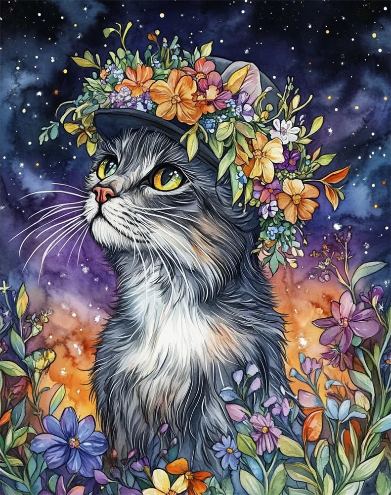 Henypt Stamped Cross Stitch Kits -Cat Wearing A Floral-Wreath Hat Colorful Printed Easy Pattern Needlepoint Kits Embroidery Crafts for Adults Beginners Gift