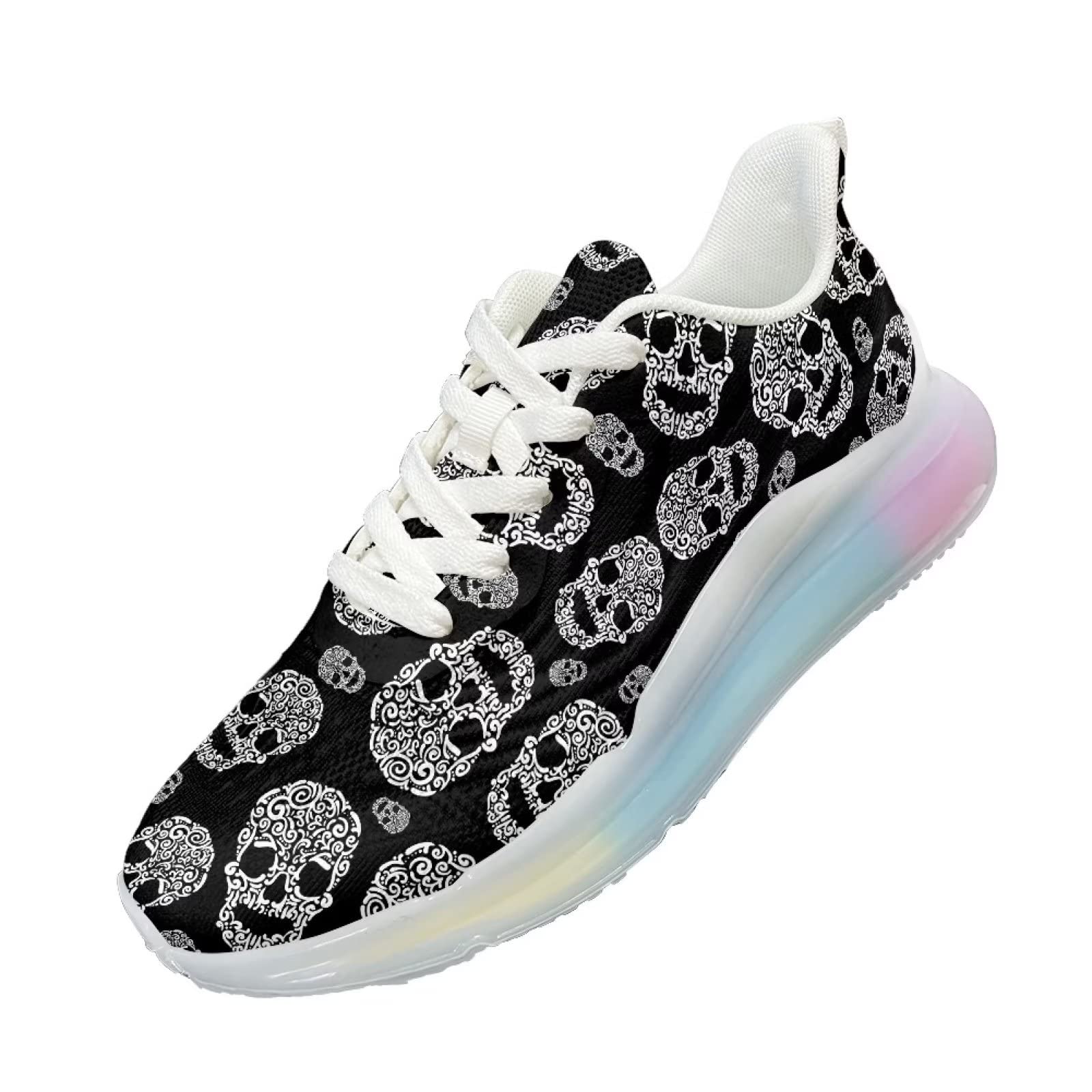 Scarpe da ginnastica da donna, da corsa, in rete, da palestra, da passeggio, Teschio nero., 36 EU