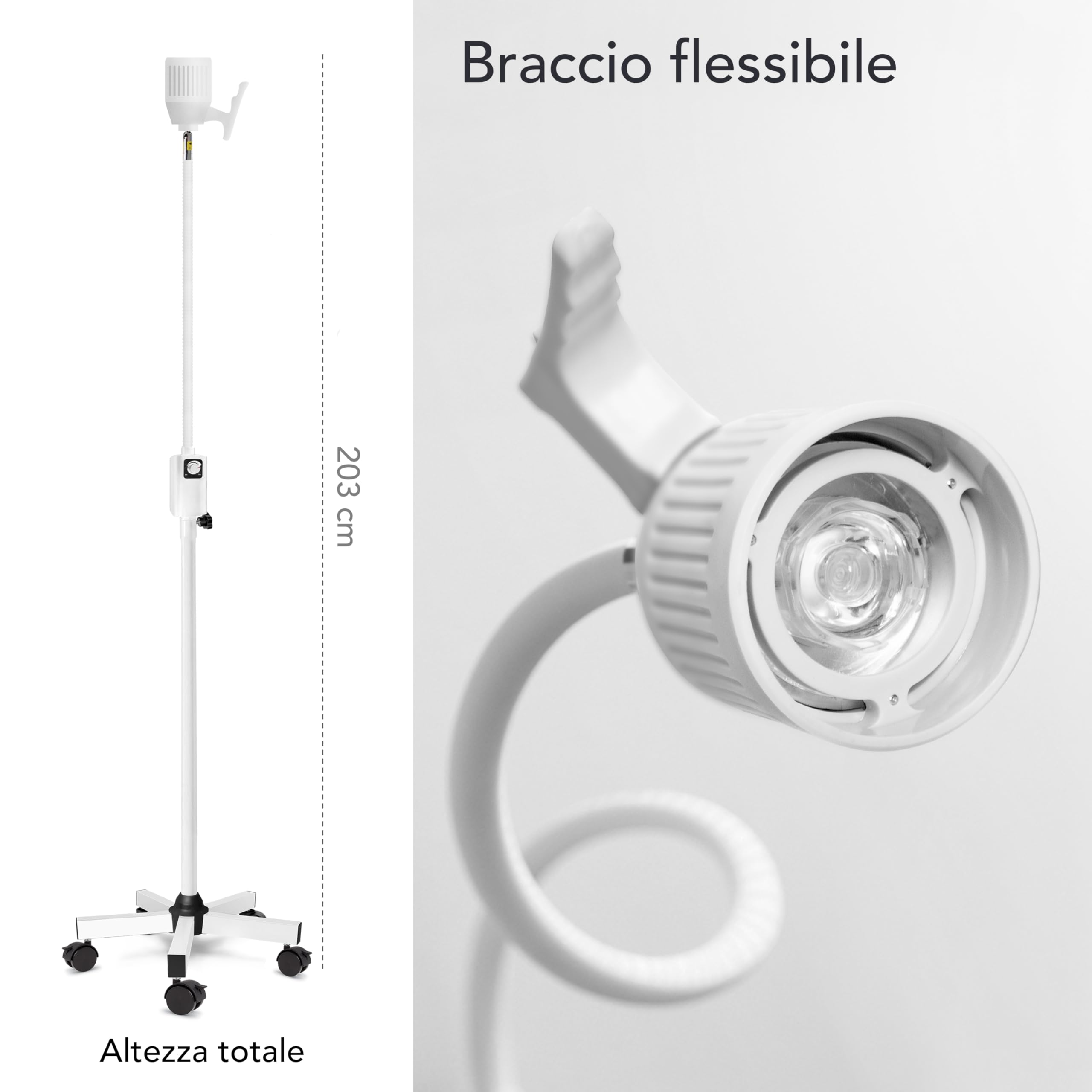 AIESI® Lampada da visita medica LED con braccio flessibile su stativo, Ruote piroettanti, Snodo direzionale, Garanzia Italia 24 mesi