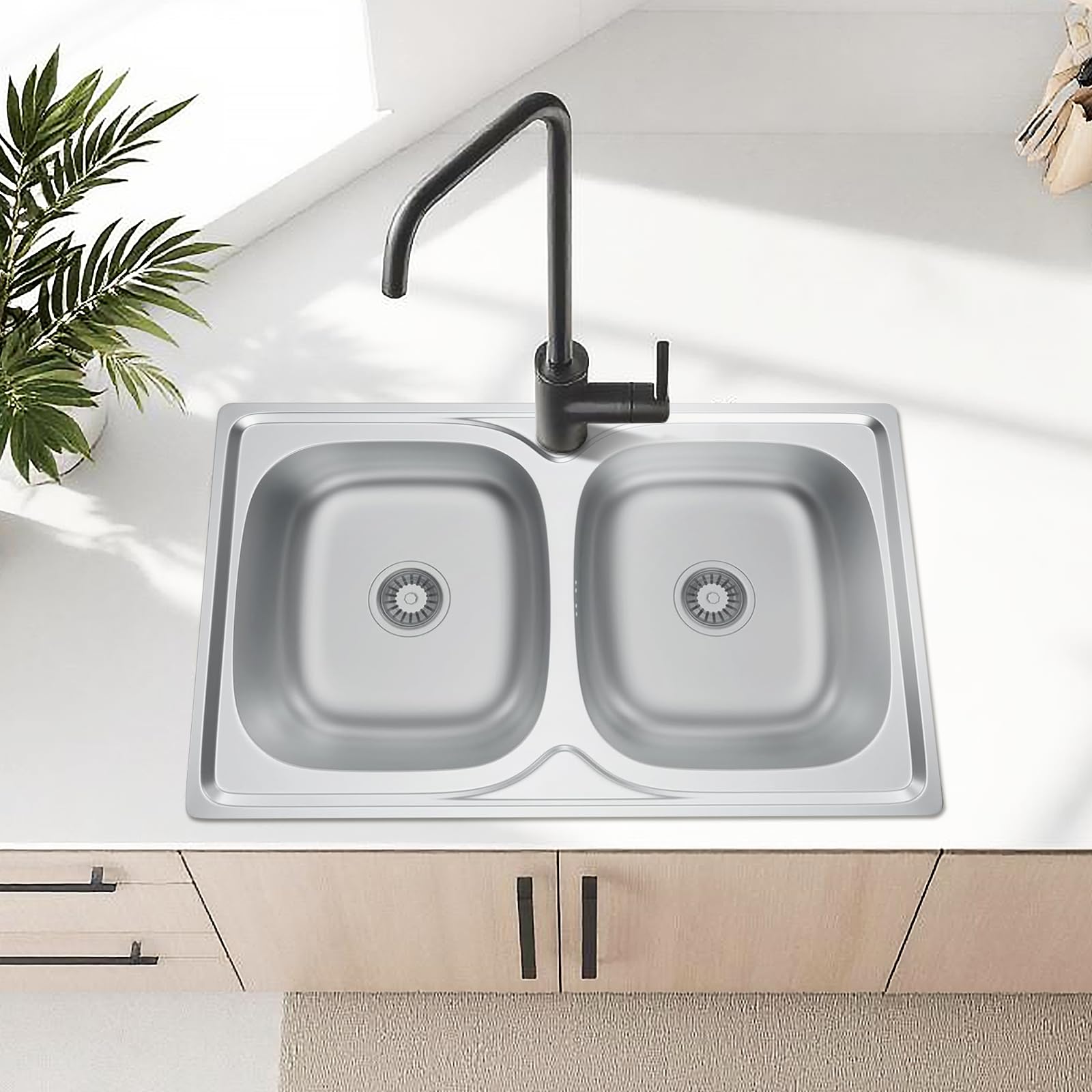 80 * 50cm Fregadero doble de acero inoxidable, orificio para grifo y juego de sifón, fregadero cocina 2 senos fregadero dos senos kitchen sink