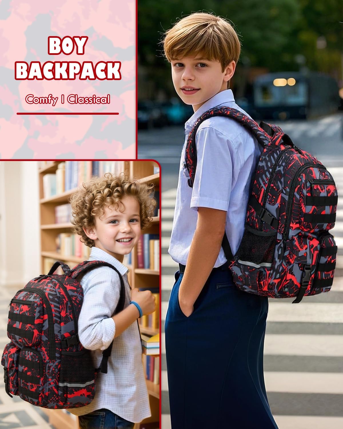 School Backpack for Boys Lightweight Bookbag for Kids Children Teens Elementary Middle School, Camo Boys Backpacks Back to School Gifts, Red - Image 6