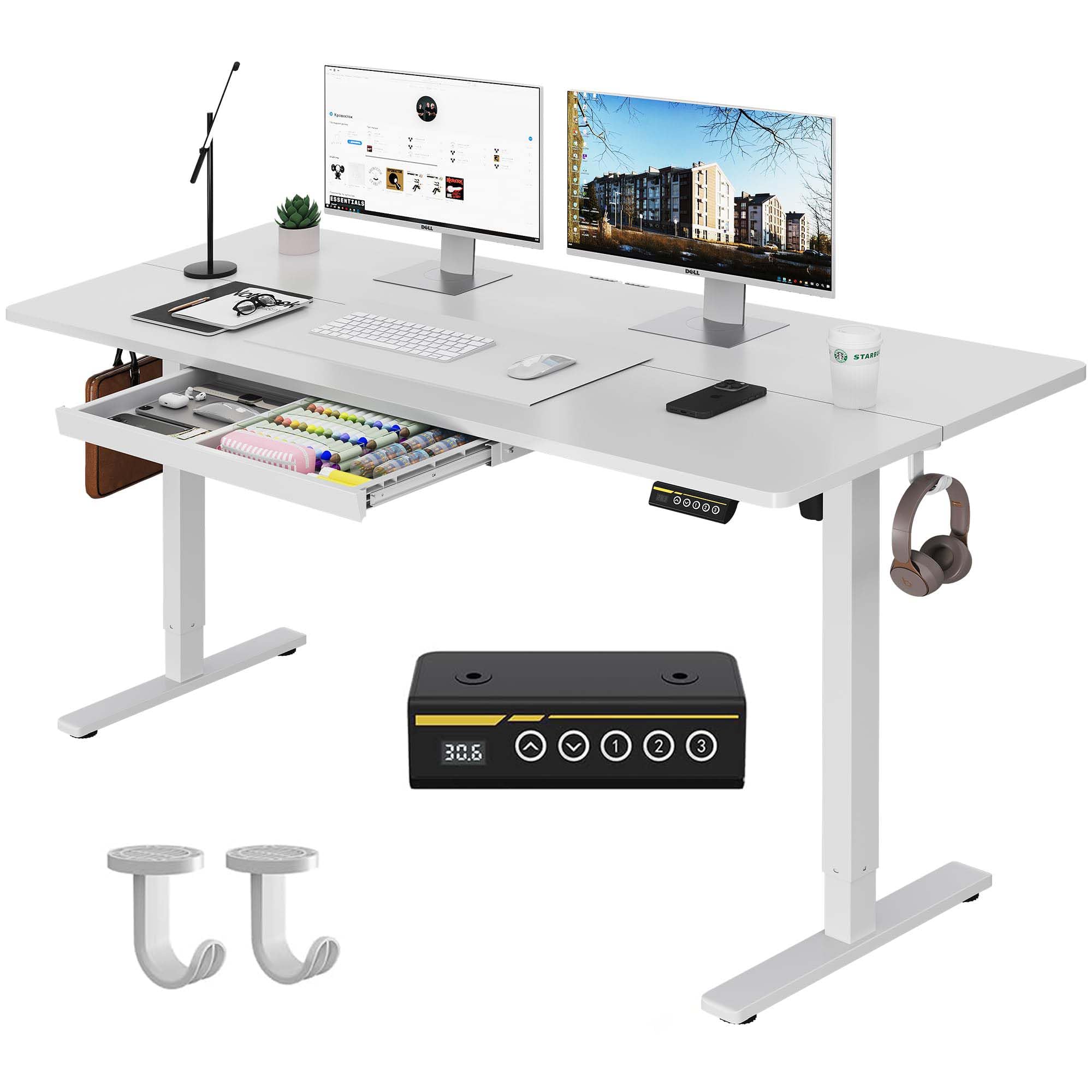 Gamork Electric Standing Desk with Drawers,48x24 inches Height Adjustable Sit-Stand Desk with Storage Shelf,3 Preset Heights,Equipped with Hooks,