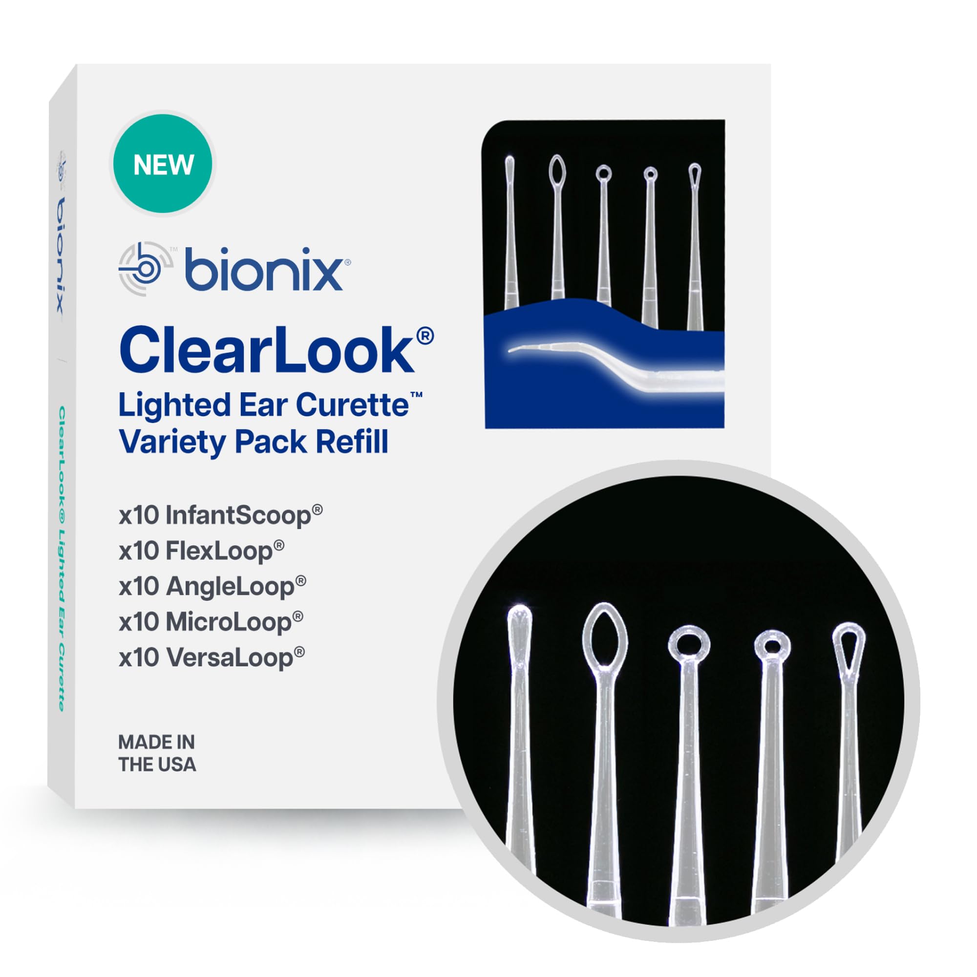 Bionix - ClearLook Lighted Ear Curette Variety Pack, Safe Earwax Removal Tool, Aids in Excess Cerumen Removal, Convenient & Easy-to-Use, Ideal for