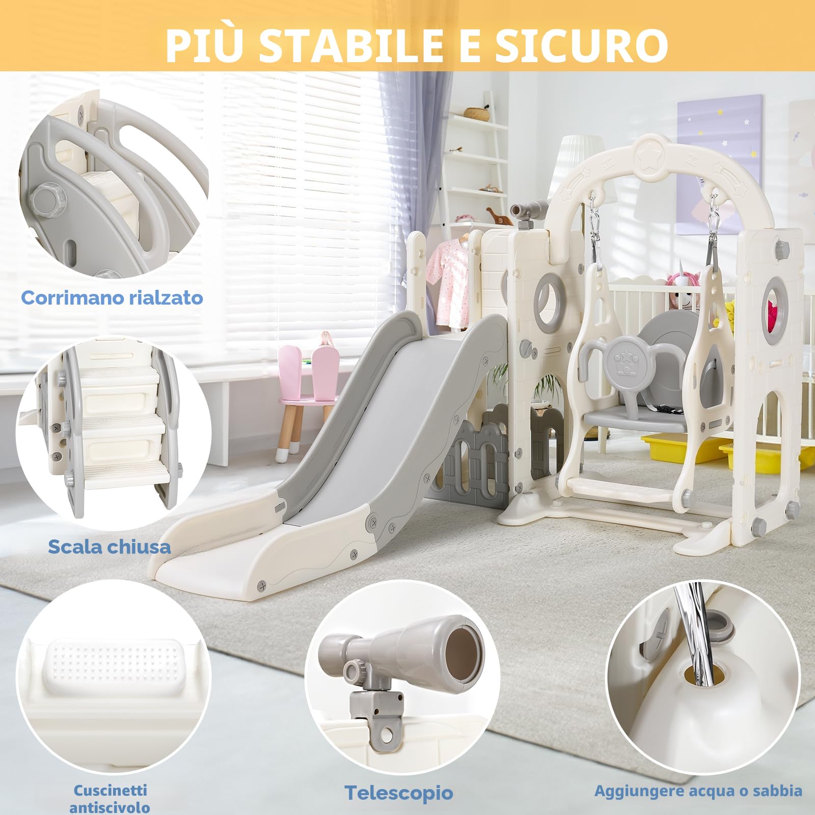 Scivolo per Bambini, Toddler Climber Swing Set, 5 in 1 Parco Giochi, con Altalena, Scivolo, Scala da Arrampicata, Telescopio, Deposito, Set di Giochi per Interni all'aperto, Scivolo Indipendente