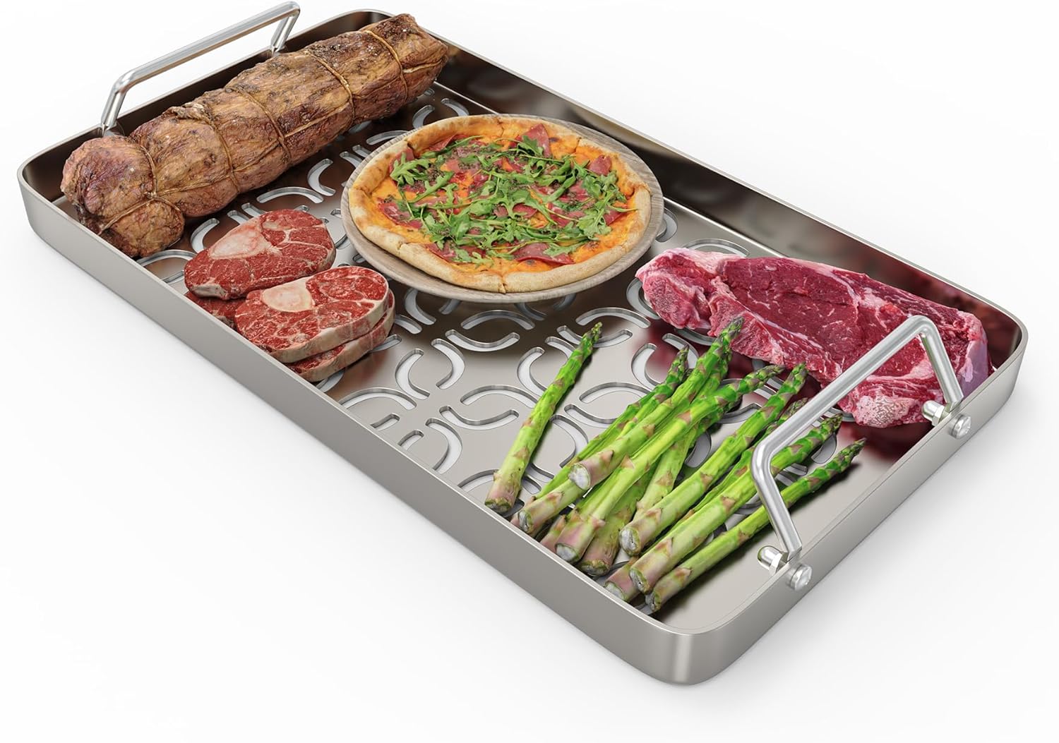 SafBbcue Fish & Veggie Grill Tray for Traeger Grill Accessories, BAC610 Stainless Steel BBQ Grilling Topper for Traeger Outdoor Grills, Grilling Basket/Pan with Holes for Veggies, Shrimp, with Handles