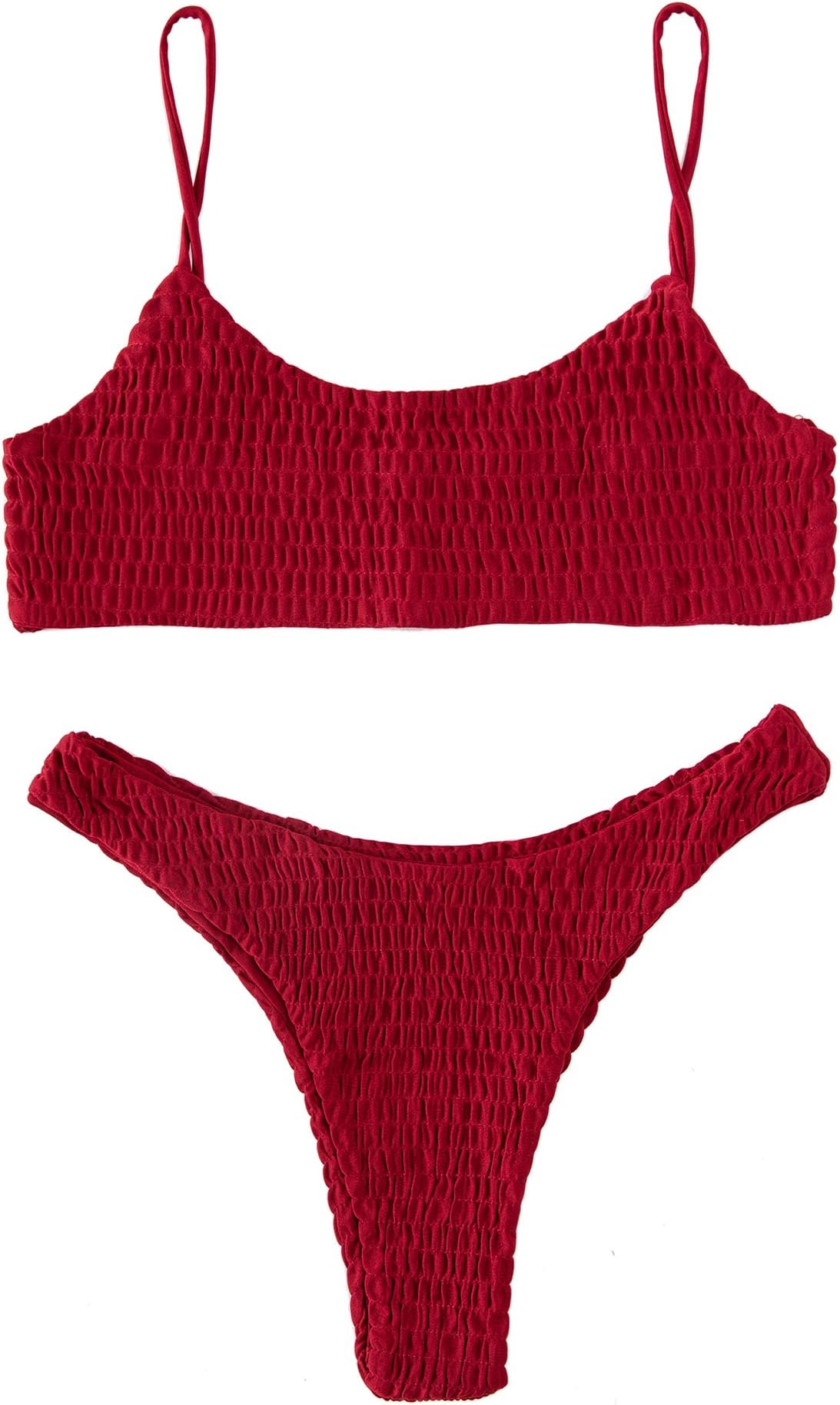 Mumentfienlis Women's Two Piece Solid Color Bikini Swimsuit (Medium (fits Like US 2-4), WineRed)