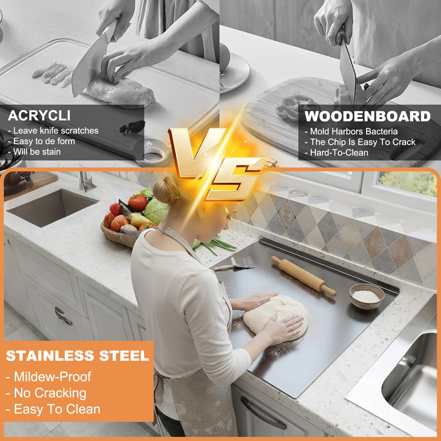 Planche à Découper Inox 60 x 50 x 0.15 cm, Planche a Decouper Plan de Travail, Protege Plan de Travail Cuisine avec Bord d'Arrêt pour la Cuisine, Camping, Barbecue, Bar, Restaurant