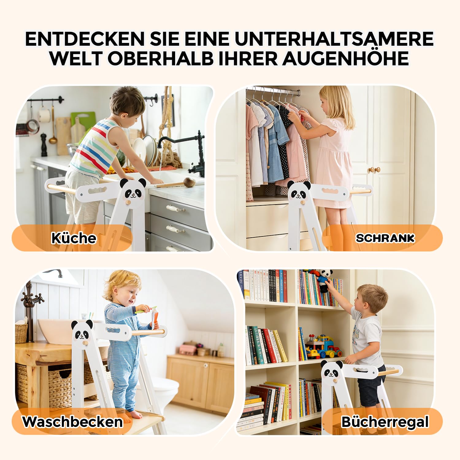 Lernturm Klappbar ab 1 Jahr, Montessori Lernturm aus Holz für Kinder, Höhenverstellbarer Learning Tower mit Sicherheitshandlauf, 360° Kippschutz, Stabiler Küchenhelfer für 1–6 Jahre (Weiß)