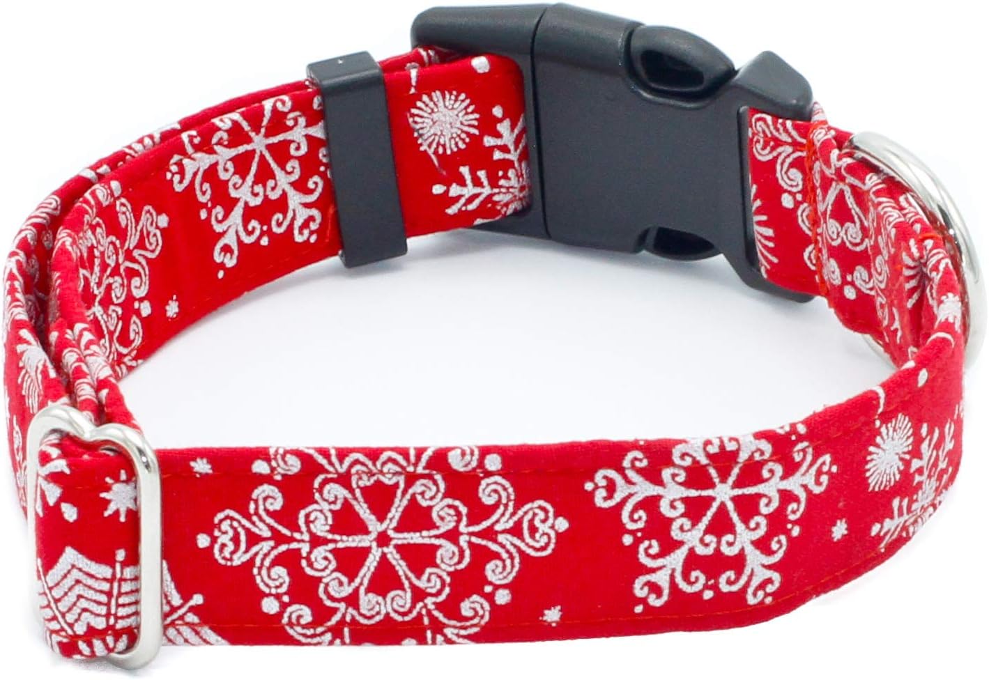 Dog Collar Red Holiday Snowflakes 1" - 2" Width Martingale, Buckle Christmas Dog Collar (Martingale w/Buckle Collar, XXL - 2" Width)
