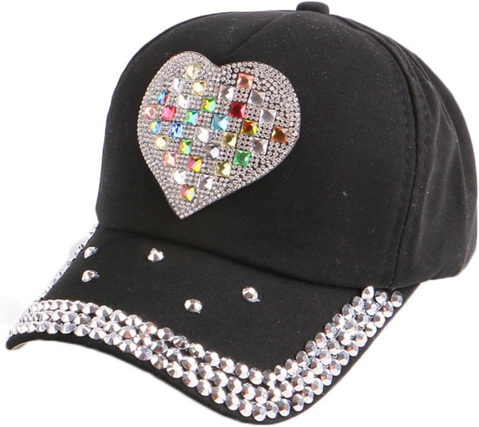 Cute Kids Rhinestone Baseball Cap, Unisex Bling Crystals Baseball Hat Adjustable Sun Hats for Boys and Girls (Black-Heart)