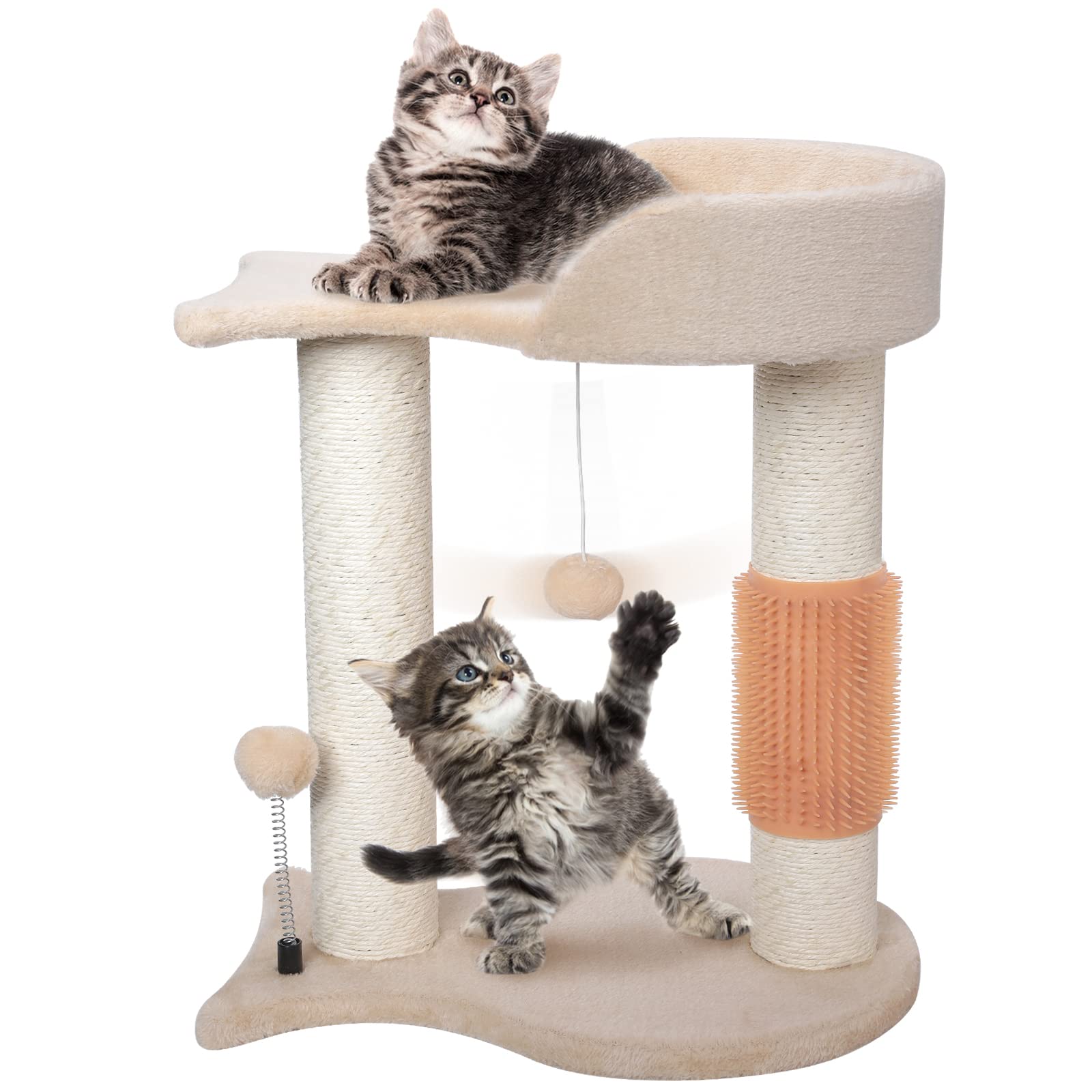 Lihaobm 5-in-1 Cat Tree Tower Multifunction Cat Scratching Post Featuring with Fish-Shaped Rest Platform Cat Self Groomer Danging Ball Spring Ball, Ideal for Indoor Cats or Kittens - Cream