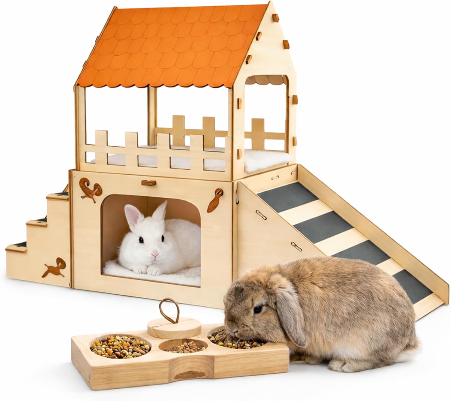 Deluxe Extra Large Wooden Rabbit Hideout & Feeding Station – Multi-Level Bunny Playhouse with Ramp and Balcony – Indoor Habitat for Active Rabbits