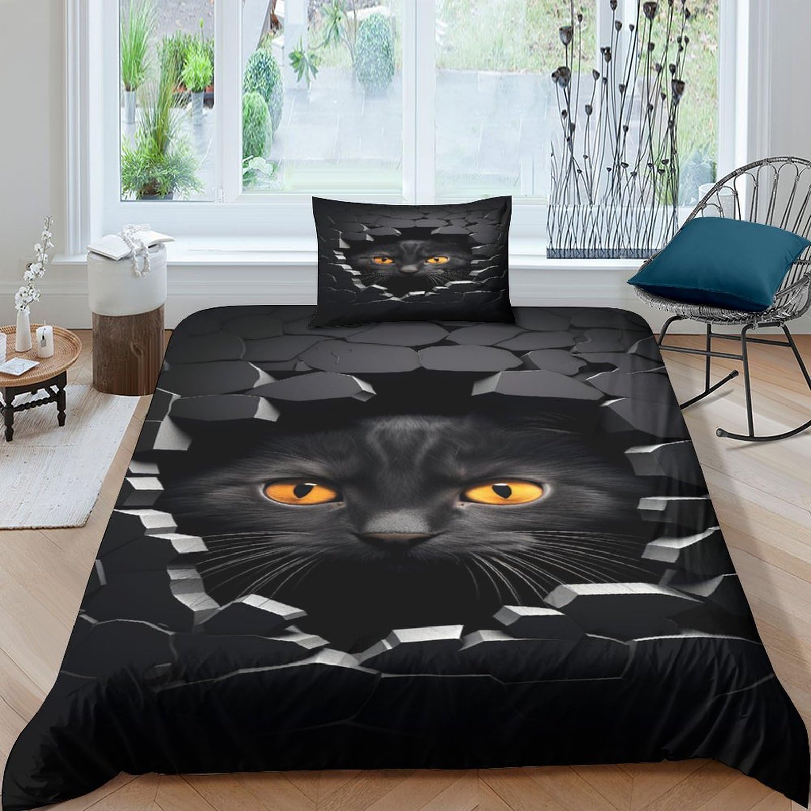 Housse de couette chat noir 3D parure de lit microfibre 135x200cm linge de lit enfant single