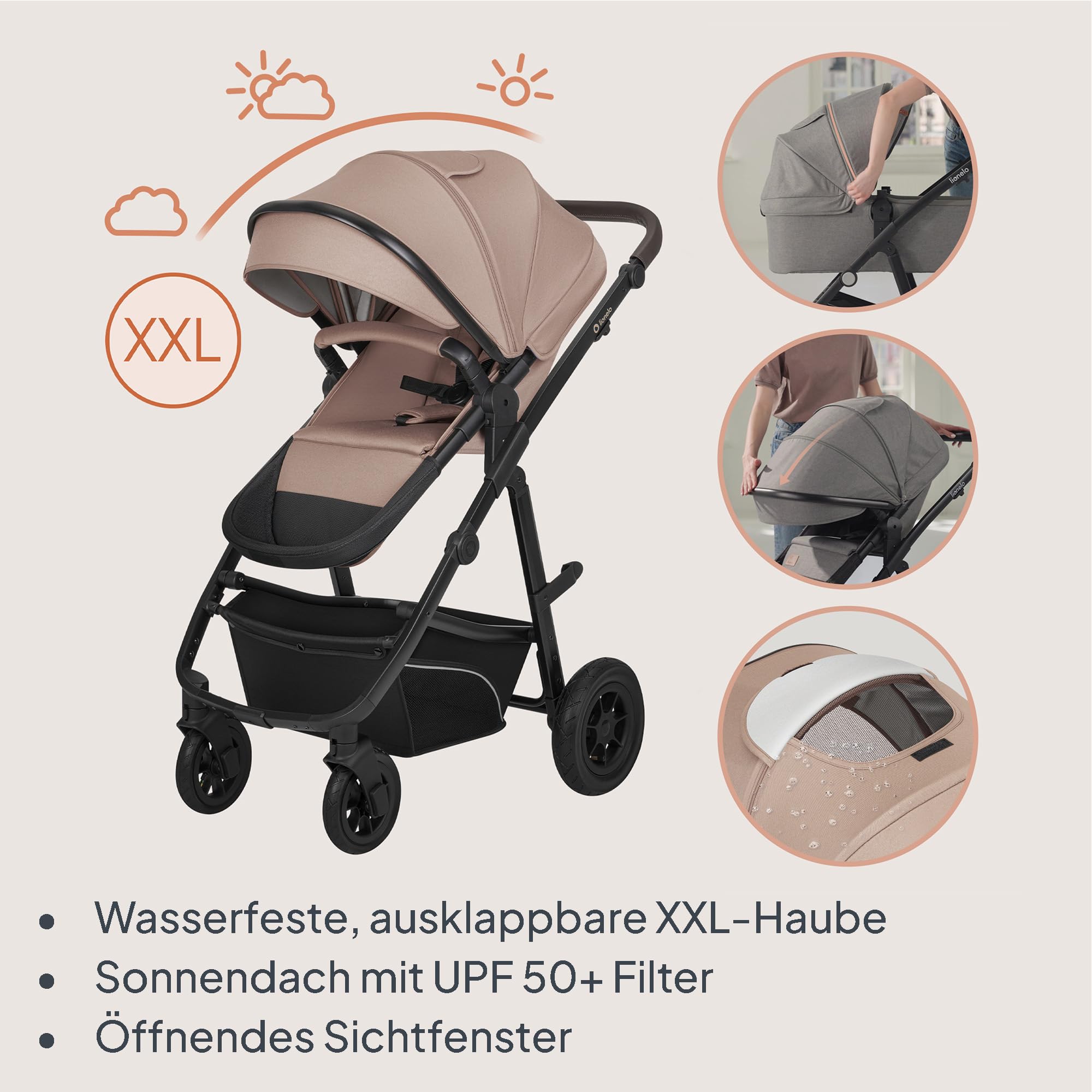 LIONELO BIANKA Kinderwagen 3 in 1 bis 22 kg, Babywanne, Autositz