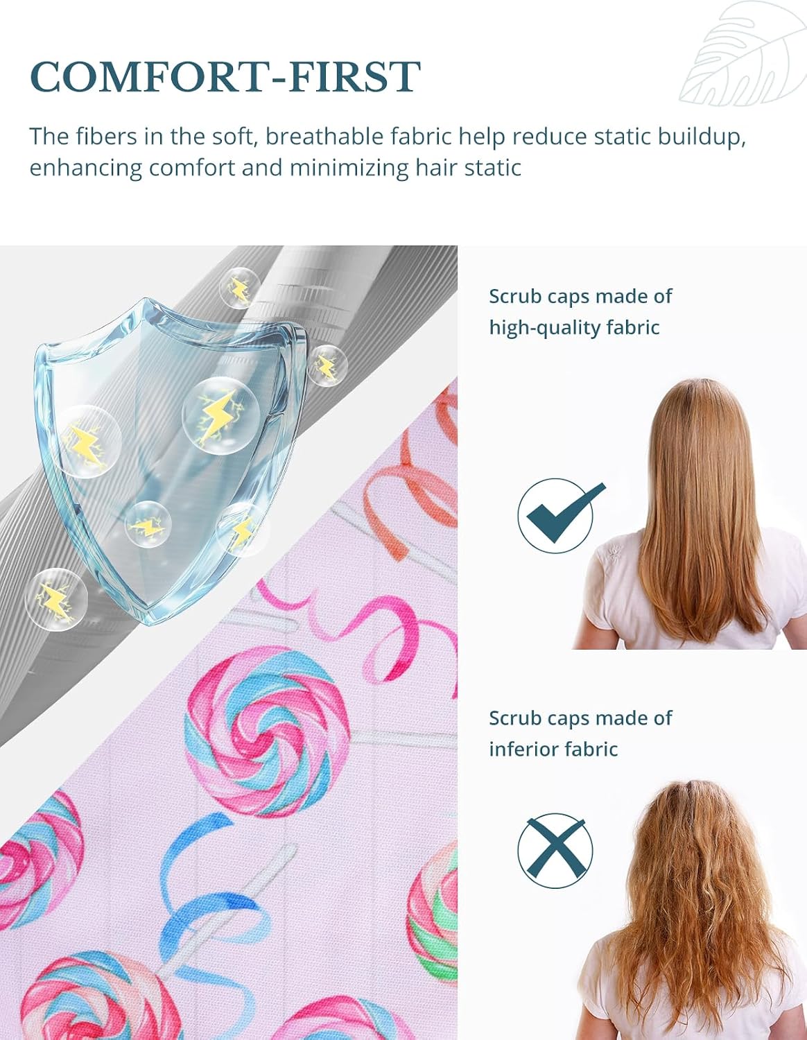 Candy Lollipop Double-Sided Printed Scrub Caps for Women with Buttons, Adjustable Helps Reduce Static Buildup Medical Hats, Breathable Surgical Caps with Sweatband for Long Hours
