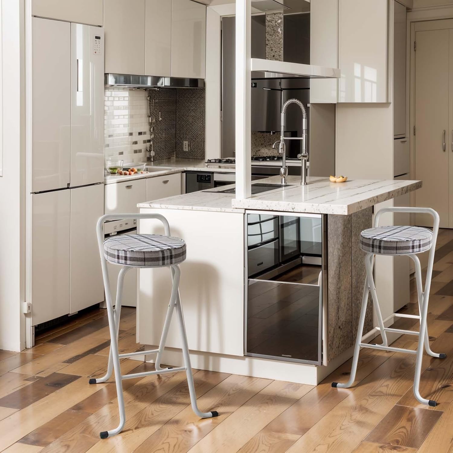 Folding Stools for Adults Portable 25.6/29.5 Inch Compact Chair with Low Back Padded Silla Plegable para Adultos Portatil Small Stool Kitchen Living Room (Black (Checked Pattern 2