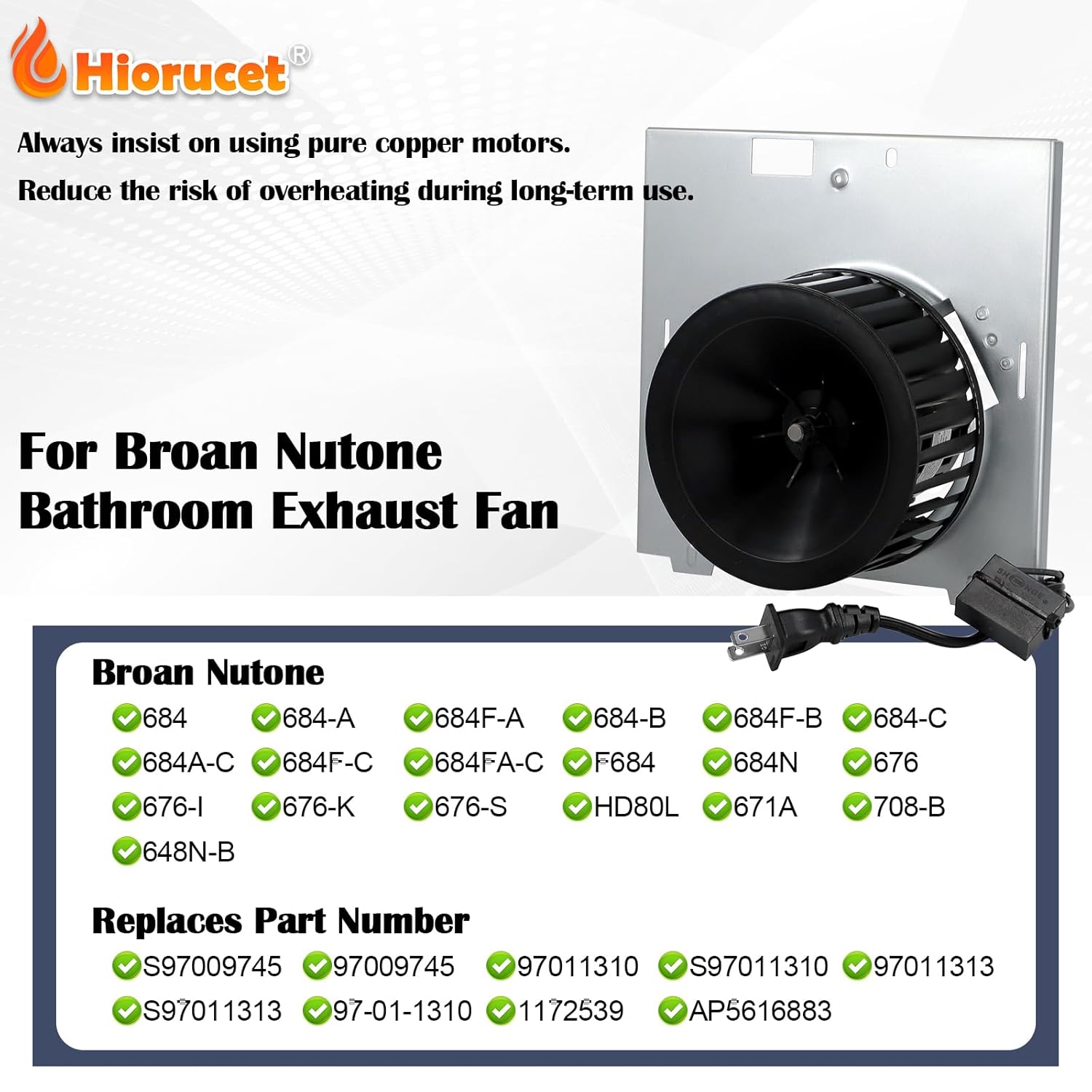 676, 684 Exhaust Fans, S97009745 Bathroom Fan Motor Assembly for Broan Nutone HD80L, 684-B, 684F-B, 684-C, 684F-C, 684A-C, 684-A, 684F-A, F684, 684N, 684FA-C, HD80, 671A, Upgrade Pure Copper Motor.