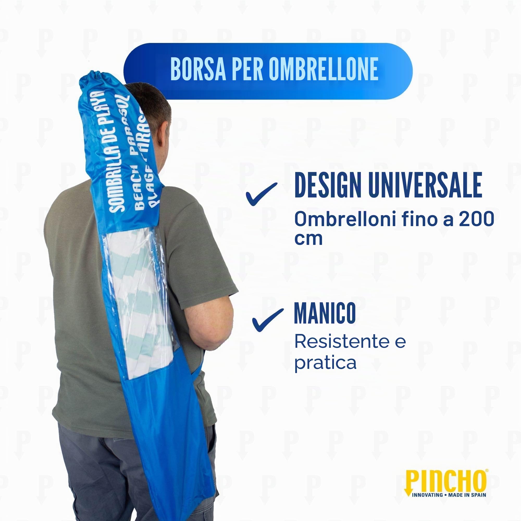 Fodero Ombrellone da Spiaggia - PINCHO - Sacca x Ombrellone, Porta Ombrellone da Spiaggia, Borsa Trasporto Resistente Impermeabile con Manico e Finestra Trasparente - Blu 117x25 cm, fino a 240 cm