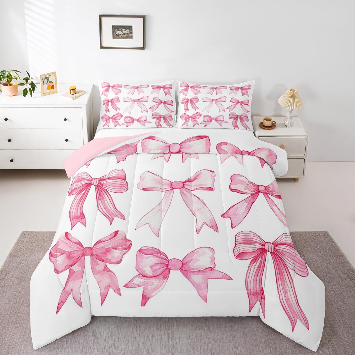 Homewish Kawaii uroczy zestaw pojedynczej kołdry z kokardą – dla dzieci nastolatków dorosłych, zestaw pościeli w stylu księżniczki, obraz olejny, kokarda, zestaw kołdry, nowoczesna estetyczna kołdra
