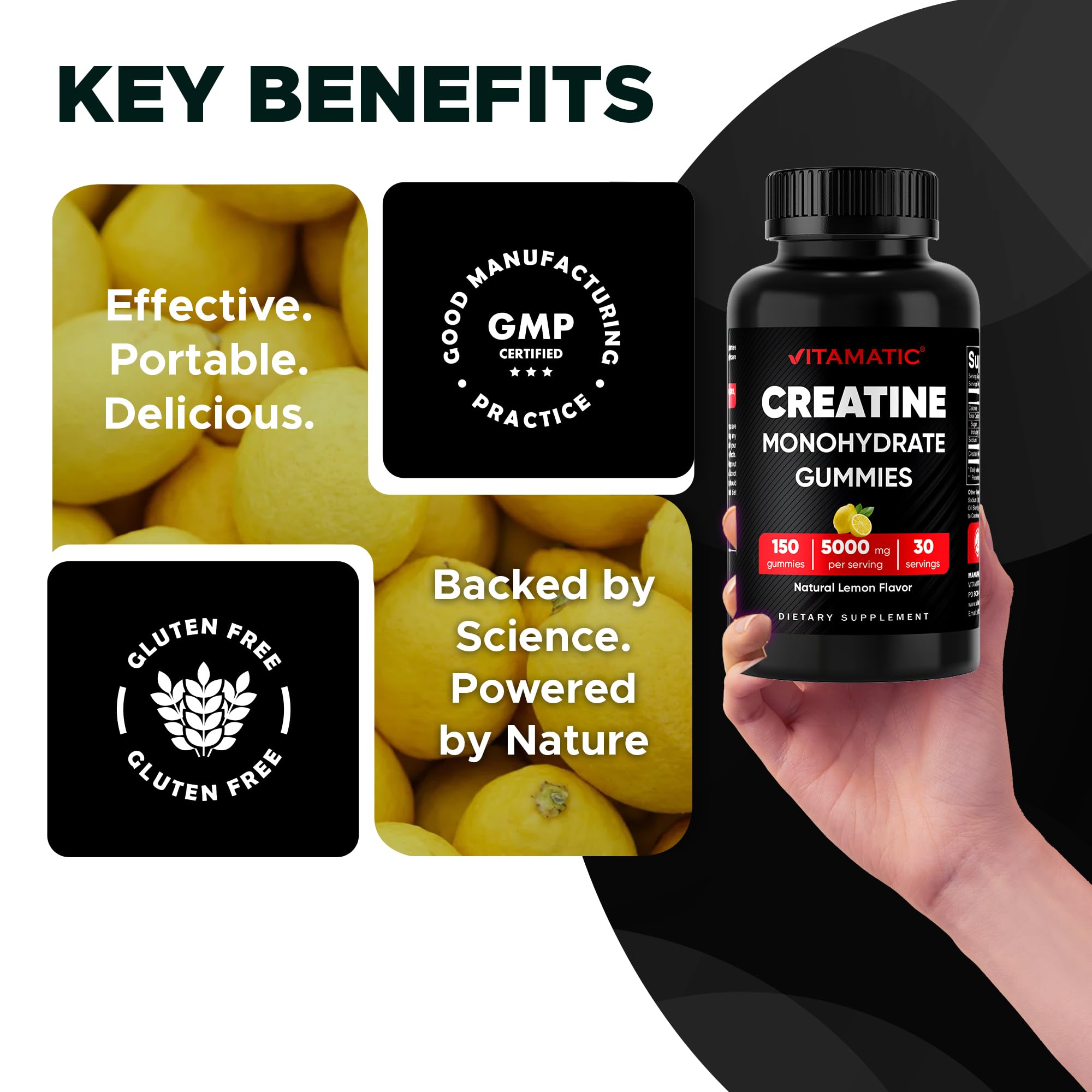 Vitamatic Creatine Gummies 5000mg per Serving Natural Lemon Flavor – 150 Gummies – Creatine Monohydrate for Muscle Strength, Energy & Recovery – Non-GMO, Gluten-Free — Amazon image 7