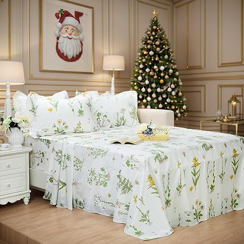 FADFAY - Juego de sábanas con diseño floral, bolsillo profundo y 100% algodón, 4 piezas