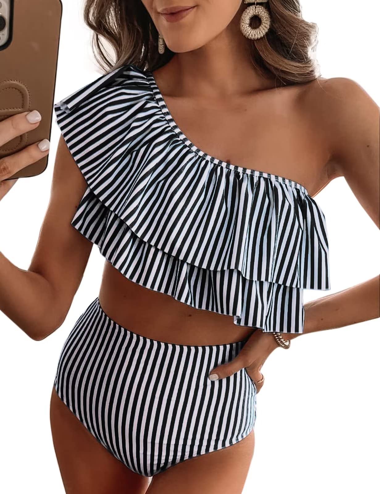 Black Stripe Knot Cutout Ruffle Sleeve and High Waisted 2pcs Swimsuit main image 0