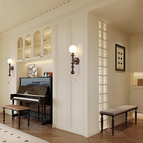 Miniatura 3 de Aplique de pared de madera, aplique de pared de globo industrial, moderna lámpara de pared de tocador de dormitorio con pantalla de vidrio de globo