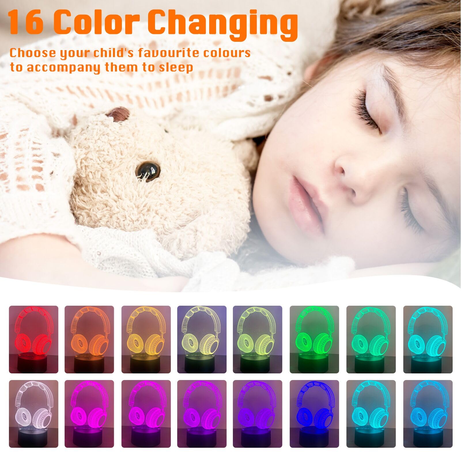 XVZ Luz nocturna 3D para niños, 2 unidades de auriculares de ilusión óptica en 3D, lámpara de ilusión con 16 variaciones de color, lámpara de decoración perfecta para cumpleaños, Navidad y Halloween