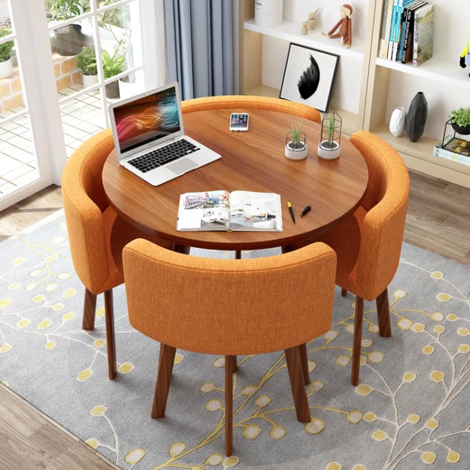 Small Round Table, Round Dining Table and Chairs Set 4, Office Reception Room Club Table and Chair Set, Space-Saving Meeting Table for Home Living Room Balcony Cafe Break Room