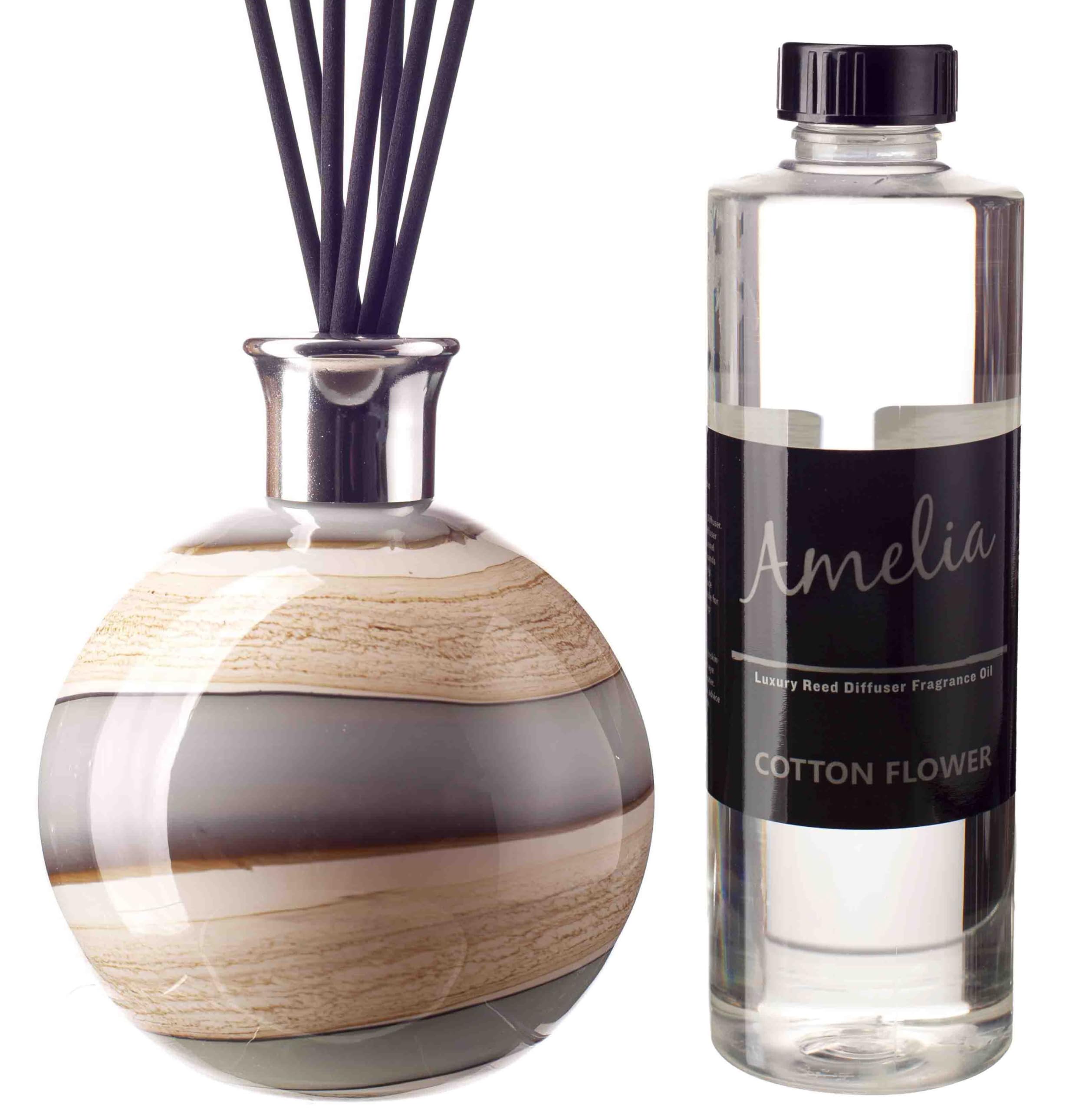 Reed Diffuser Large Sphere in Blue, Green, Cream and Grey (Smoked Meadows) with Cotton Flower