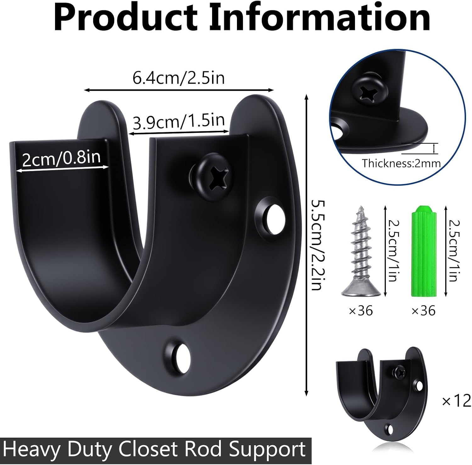12 Pack Heavy Duty Stainless Steel Closet Rod Brackets, 1-1/2 Inch U Shaped Closet Rod Holders with Screws & Anchors for Wardrobe, Shower Curtain, Laundry Room