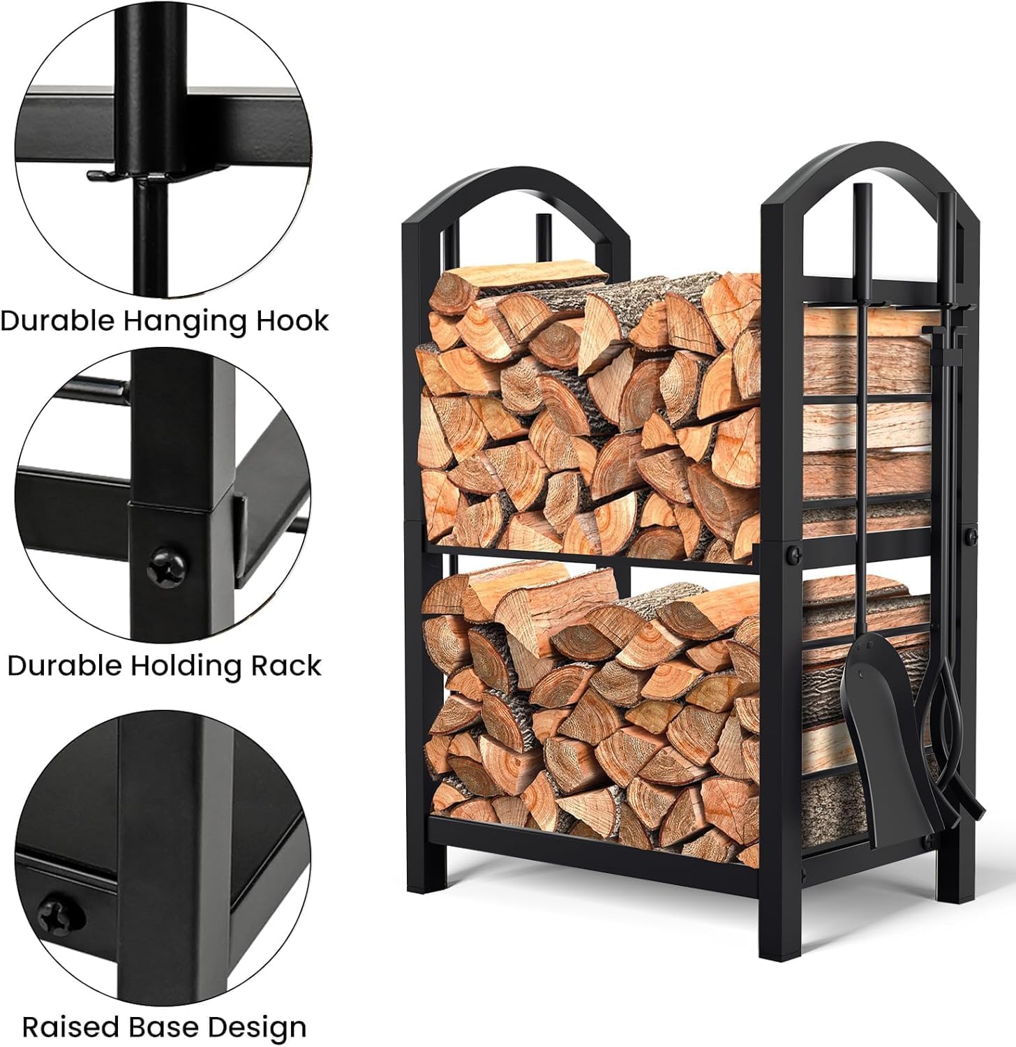 Garvee Leñero de Hierro para Interior y Exterior, Estante de Almacenamiento para Leña de 244 x 30 x 122 cm, Soporte Metálico Resistente con Capacidad de 450 kg para Chimenea y Jardín, Negro Mate