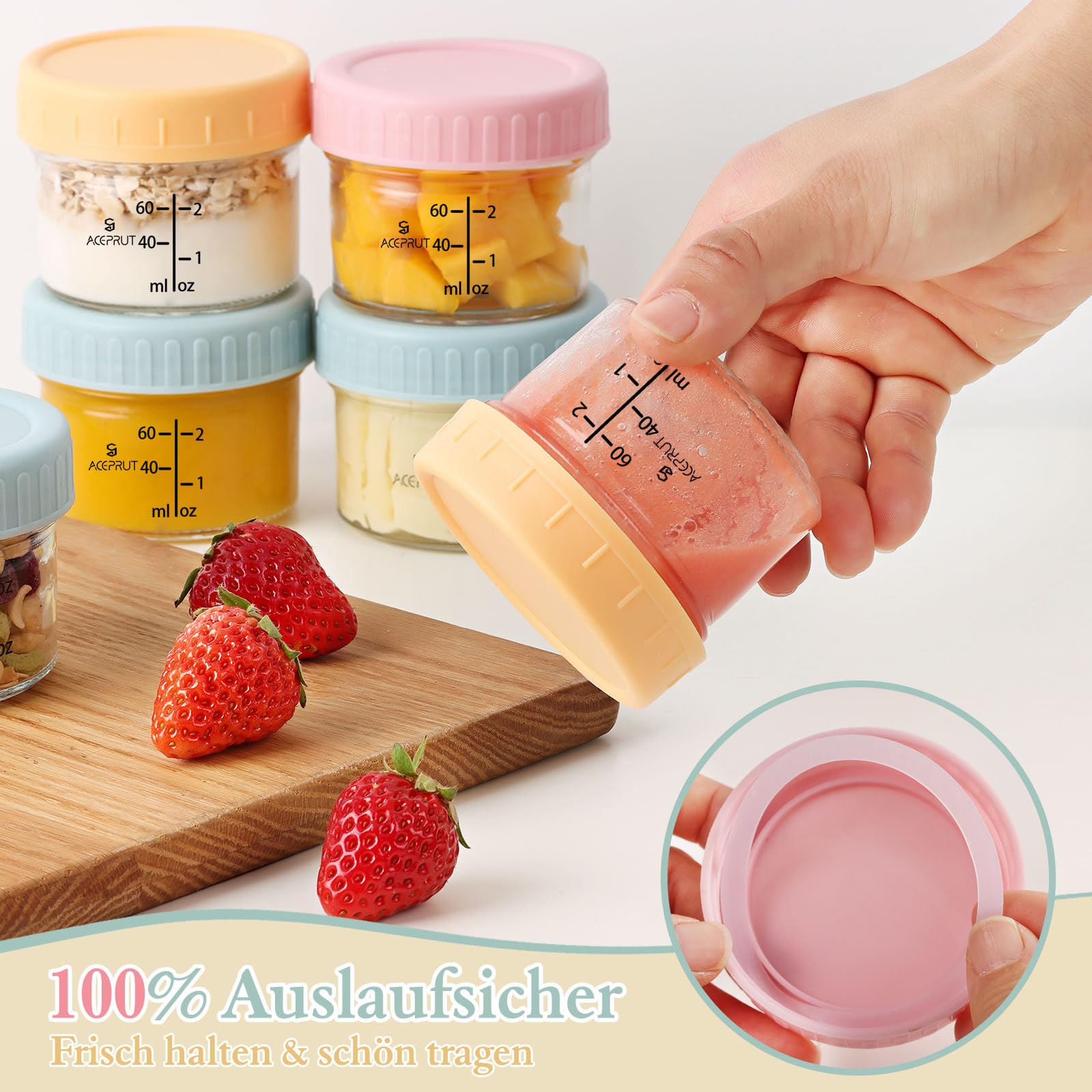 ACEPRUT 14 Stück Glas Babybrei Einfrieren Behälter, Beikost Baby Zubehör, Babynahrung Aufbewahrung, Auslaufsicher, BPA-frei, Mikrowelle, Geschirrspüler & Gefrierschrank sicher