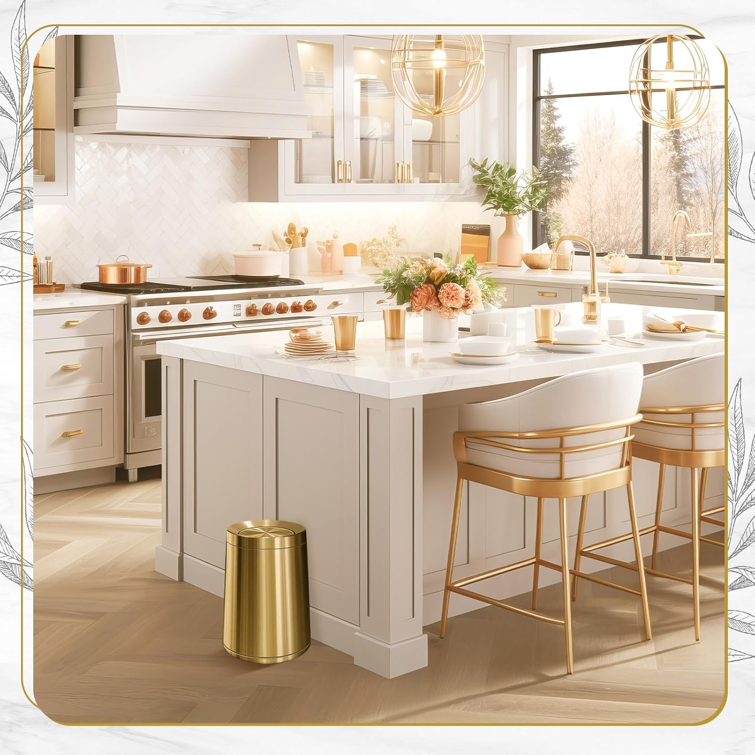 Maxdot 10l/2.6 Gallon Gold Small Trash Can for Bathroom, Brushed Stainless Steel Trash Can with 360°Swing Lid, Bathroom & Kitchen Garbage Bin, Anti-Skid Base for Bedroom, Office, Hotel, Small Space