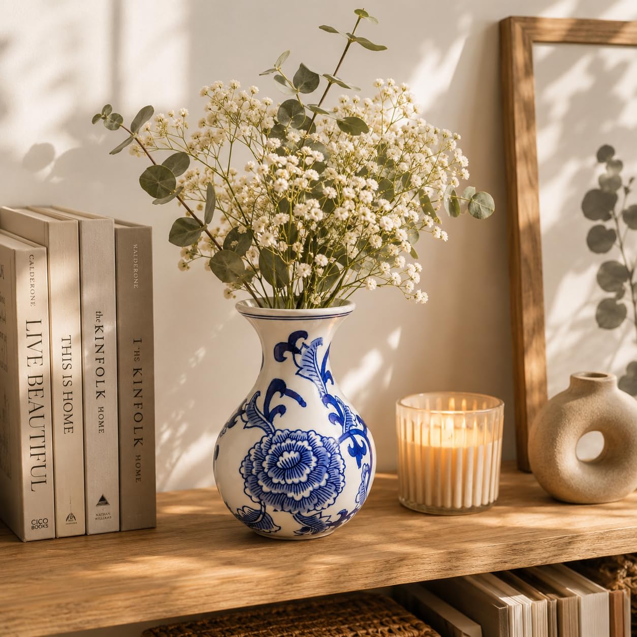 Imported Porcelain Flower Vase | Blue & White Ceramic Floral Vase for Home Décor | Decorative Table Centerpiece Vase for Living Room, Office & Shelf Styling | 16.5 cm-image-48