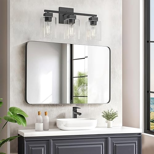 Miniatura 6 de Espird Lámpara de Tocador de Baño Negro Mate, Accesorios de Iluminación de Tocador de 3 Luces Sobre Espejo, Diseño Cuadrado y Certificación UL,