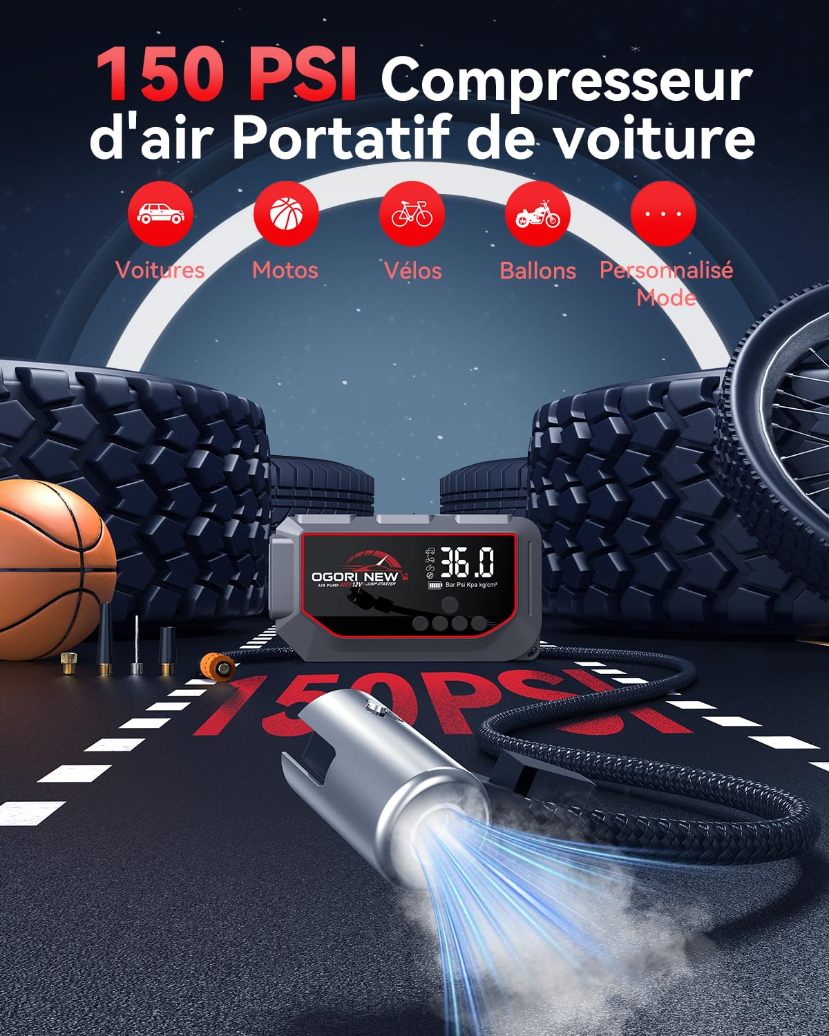 Booster Batterie Voiture avec Compresseur,7000A Démarreur Batterie,12V Démarreur Voiture avec 150PSI Gonfleur de Pneus,Jump Starter avec Powerbank et Chargeur USB (Essence 10L et Diesel 8L)