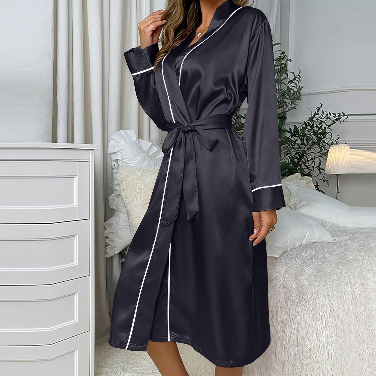 Women Kimono Robe Long Sleeve Party Bridesmaid Tie Waist Lightweight Lounge Midi Dress V Neck Sexy Soft Sleepwear