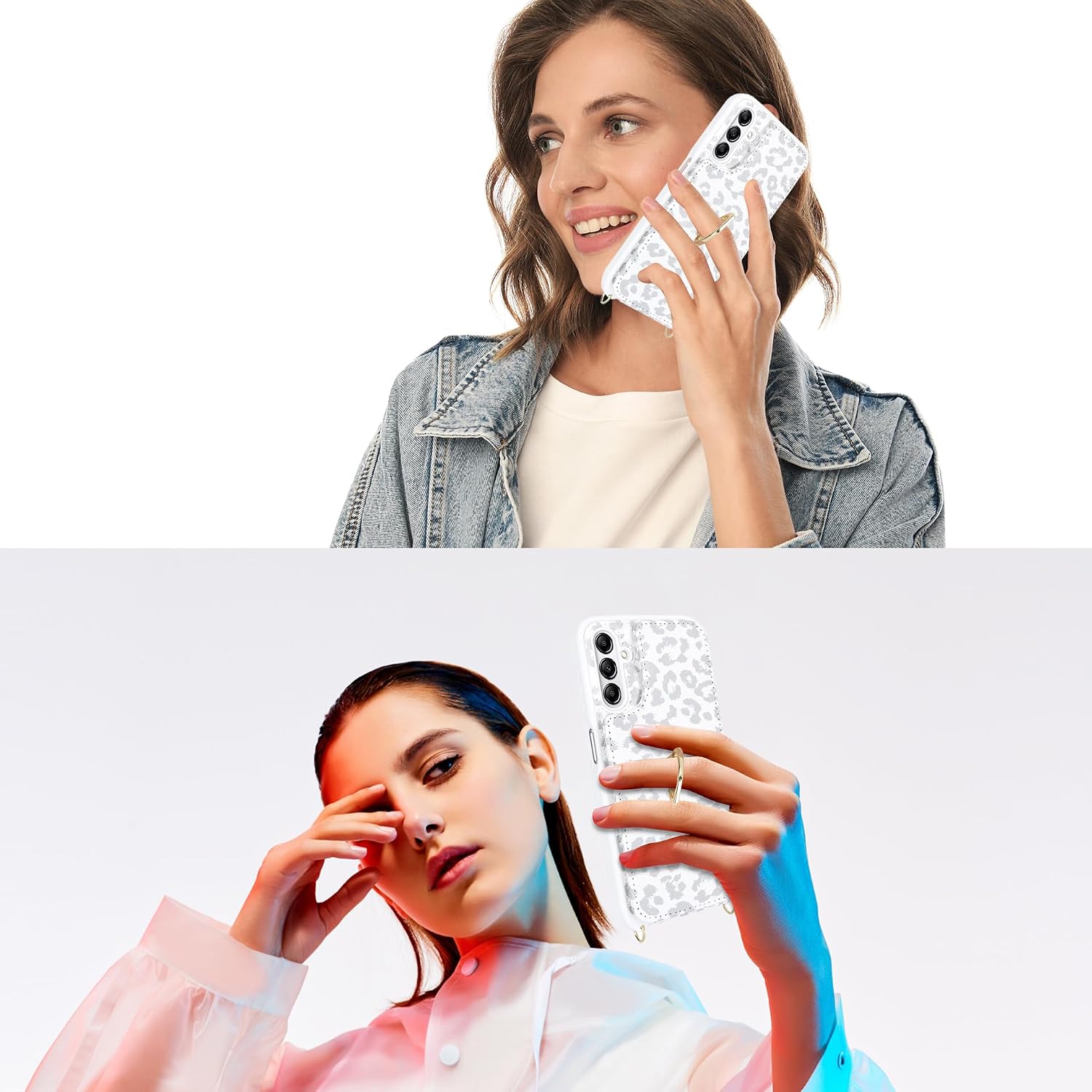 Lipvina for Samsung Galaxy A14 5G Case with Card Holder and Strap for Women,Crossbody Lanyard,RFID Blocking,Ring Stand,Snap Clasp,Cute Phone Wallet Cases 6.6 inch(White Leopard)