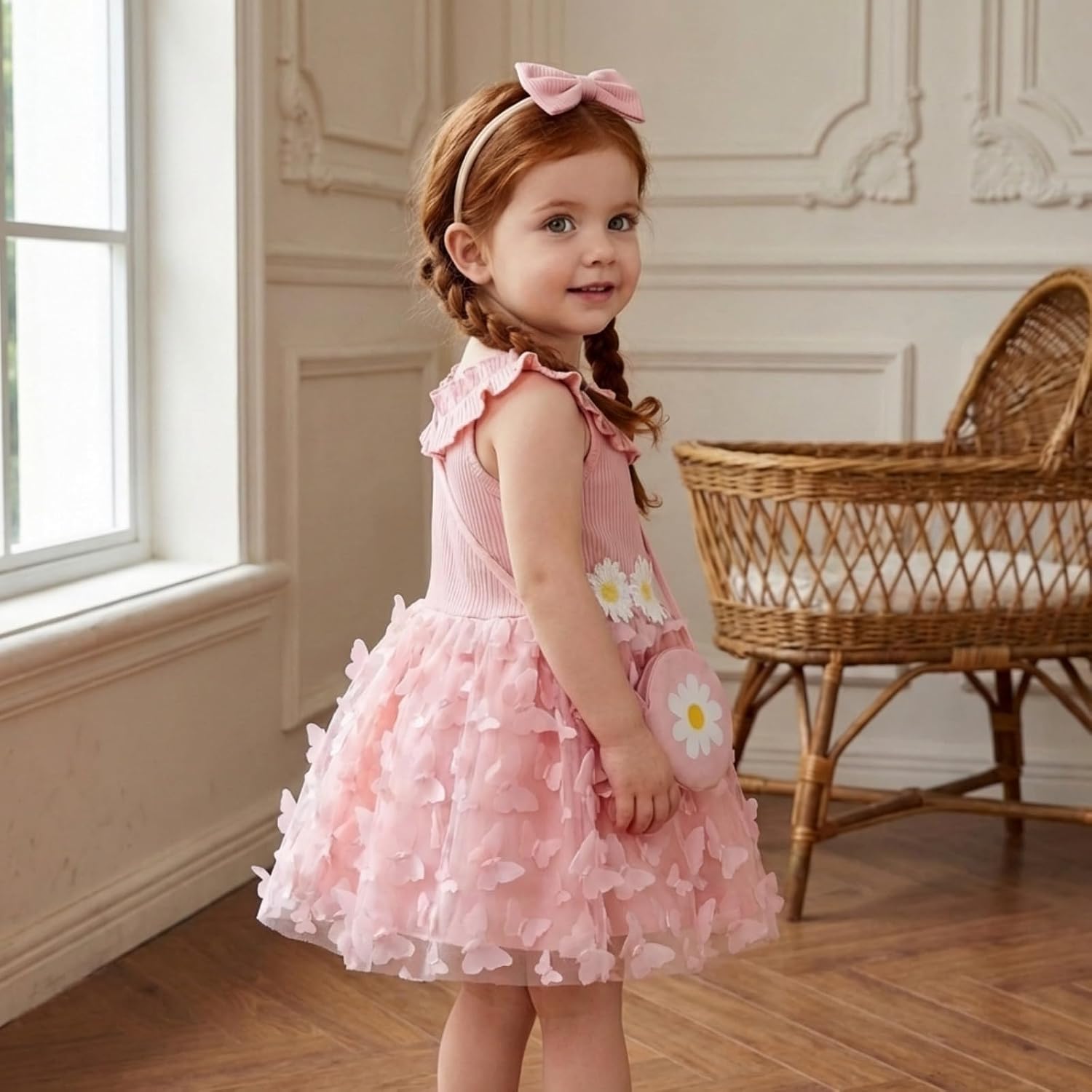 Toddler Girl Daisy Dress Set 3Pcs Ribbed Knit Tulle Sundress with Bag & Headband