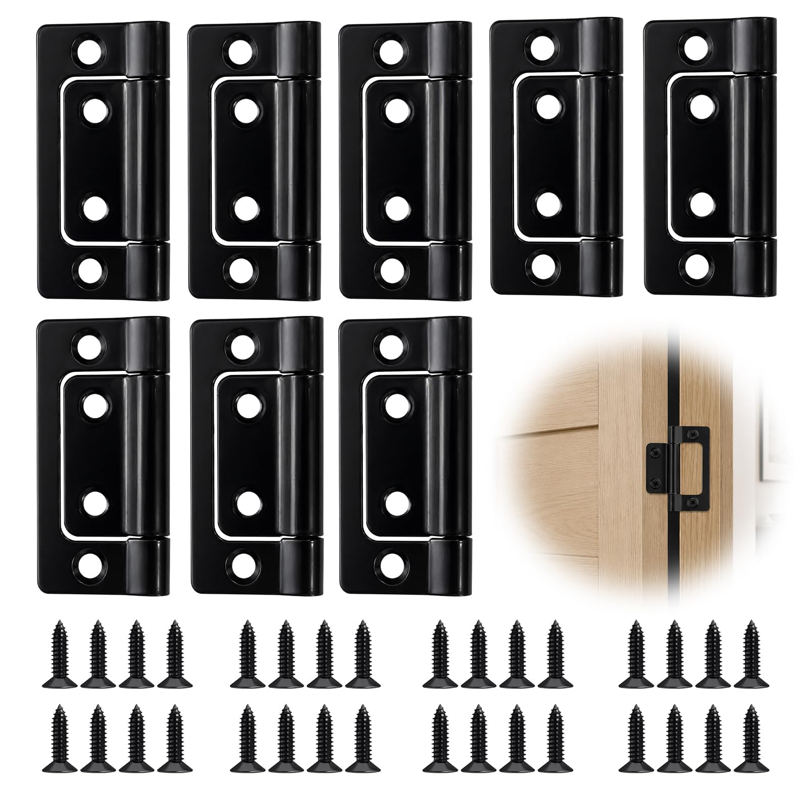 8 Pack Flush Hinges, Bifold Door Hinges Black Cold Rolled Steel Hardware with 32 Screws, for Cabinet Cupboard Wooden Box and Furniture Fitting Replacement Parts