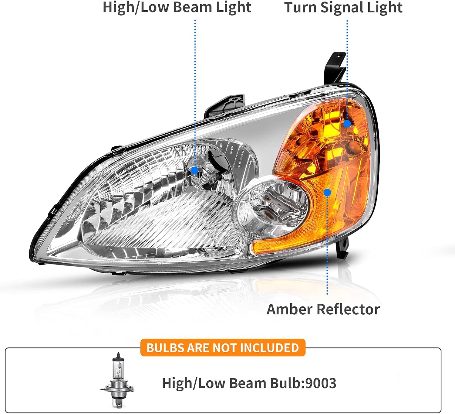 DWVO Headlights Assembly Compatible with 01 02 03 2001 2002 2003 Civic Headlamp Replacement Chrome Housing Pair Driver and Passenger Side