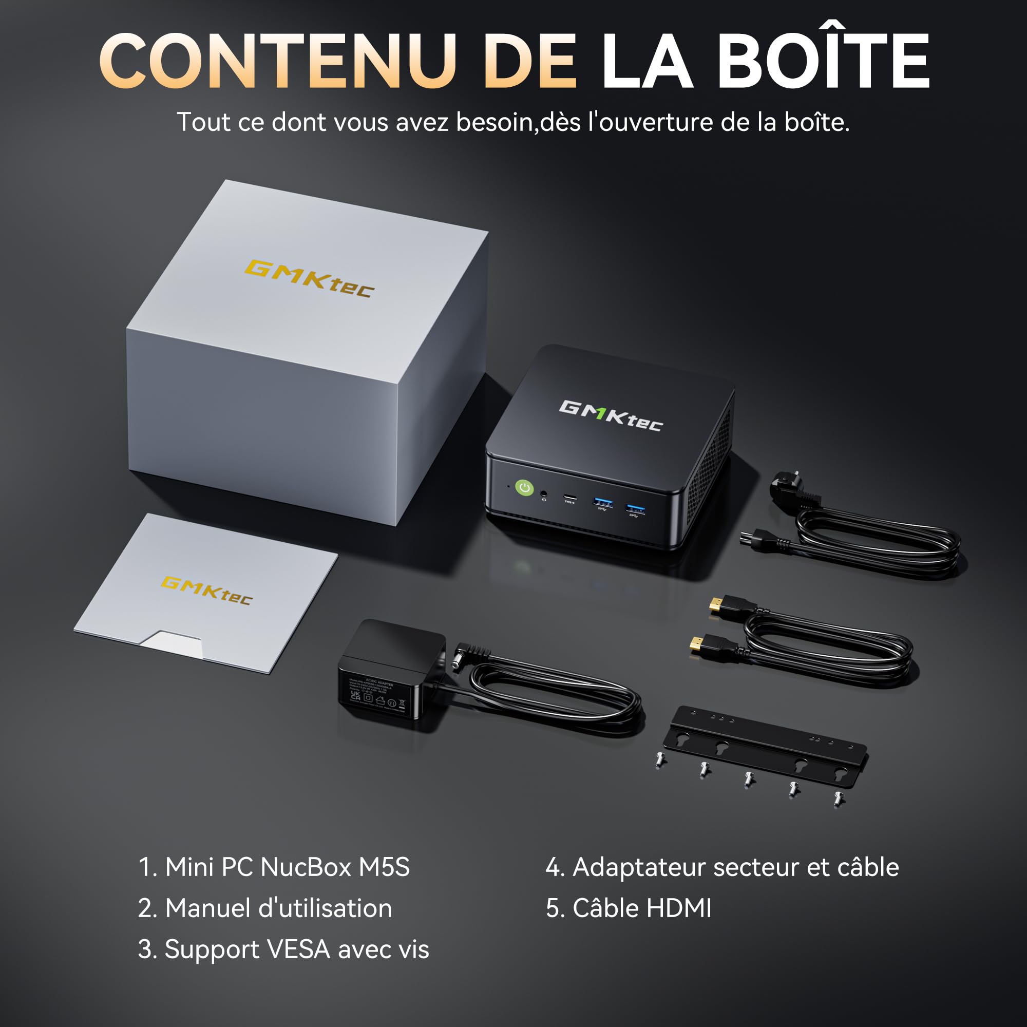 GMKtec Mini PC M5 S, mini PC AMD Ryzen 5400U, 16 Go de RAM DDR4 (double canaux), 512 Go SSD | pour bureau et maison, double LAN 2,5 Gbit/s, WiFi 6E, triple écran, USB‑C, HDMI 2.0, DisplayPort