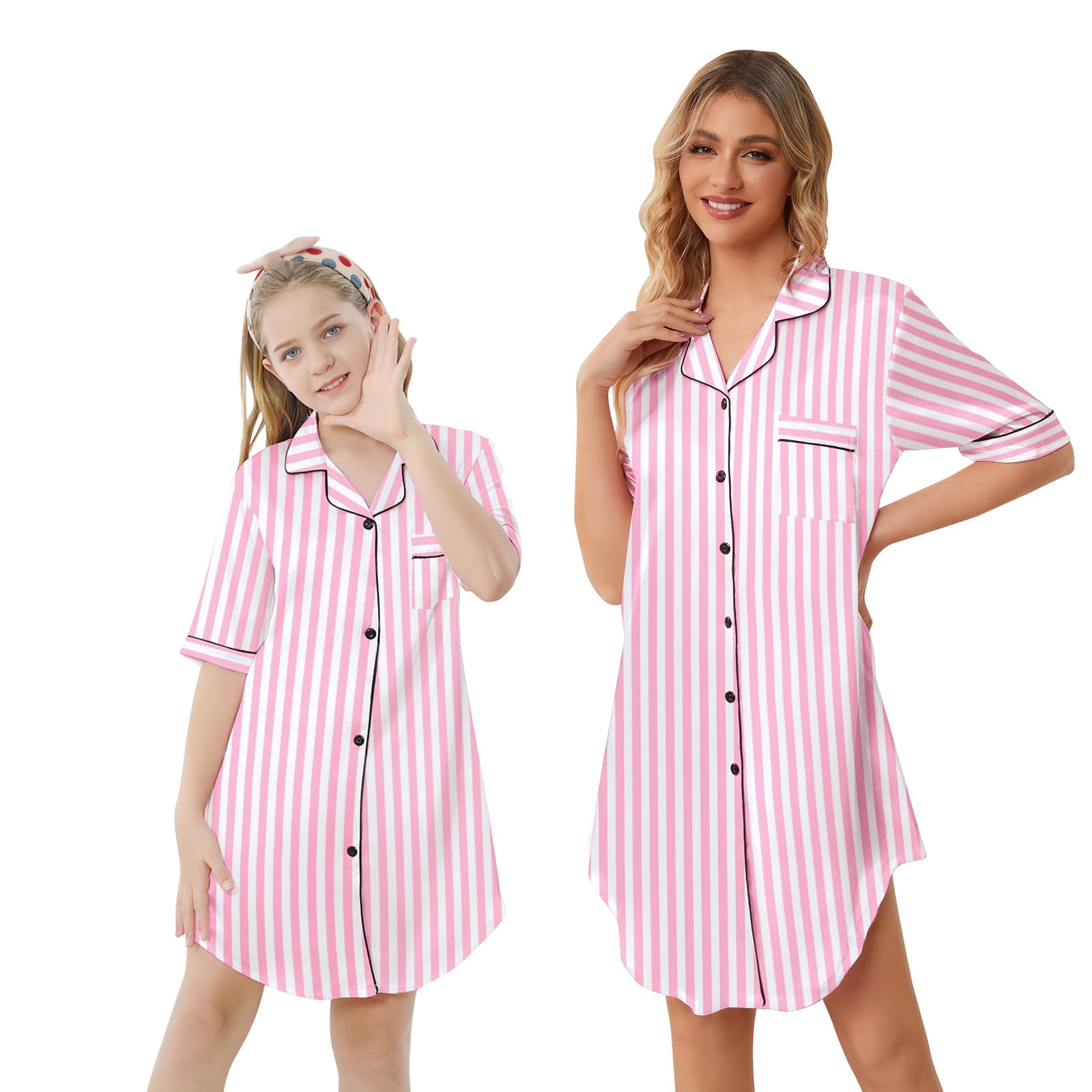 Schbbbta Girls &amp; Women Silk Nightgown, Short Sleeve Button Down Satin Nightshirt Pajama House Dress, 3 Years- Women 2XL