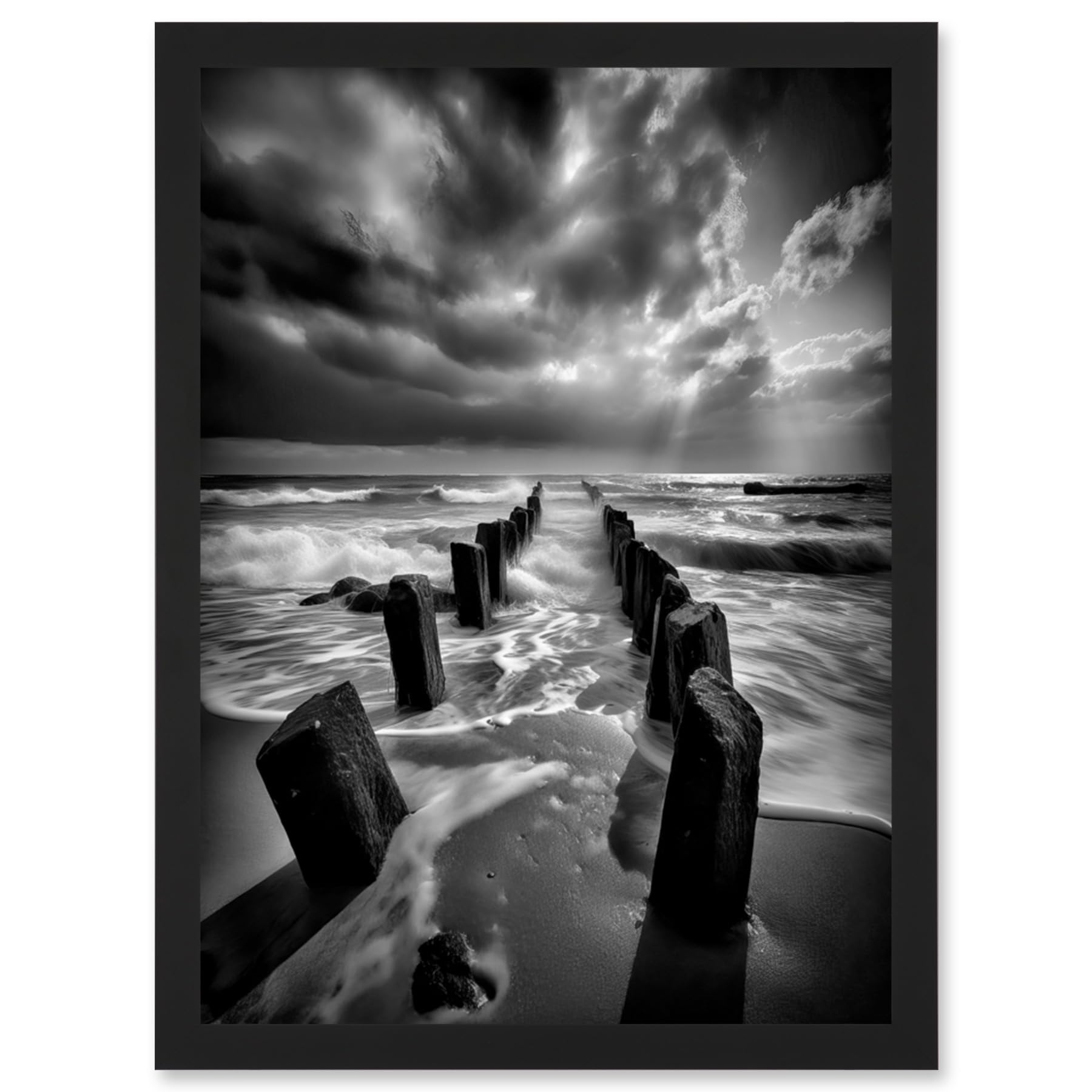 Artery8 Pier Ruins Black and White Dramatic Coastal Photo Artwork Framed Wall Art Print A4